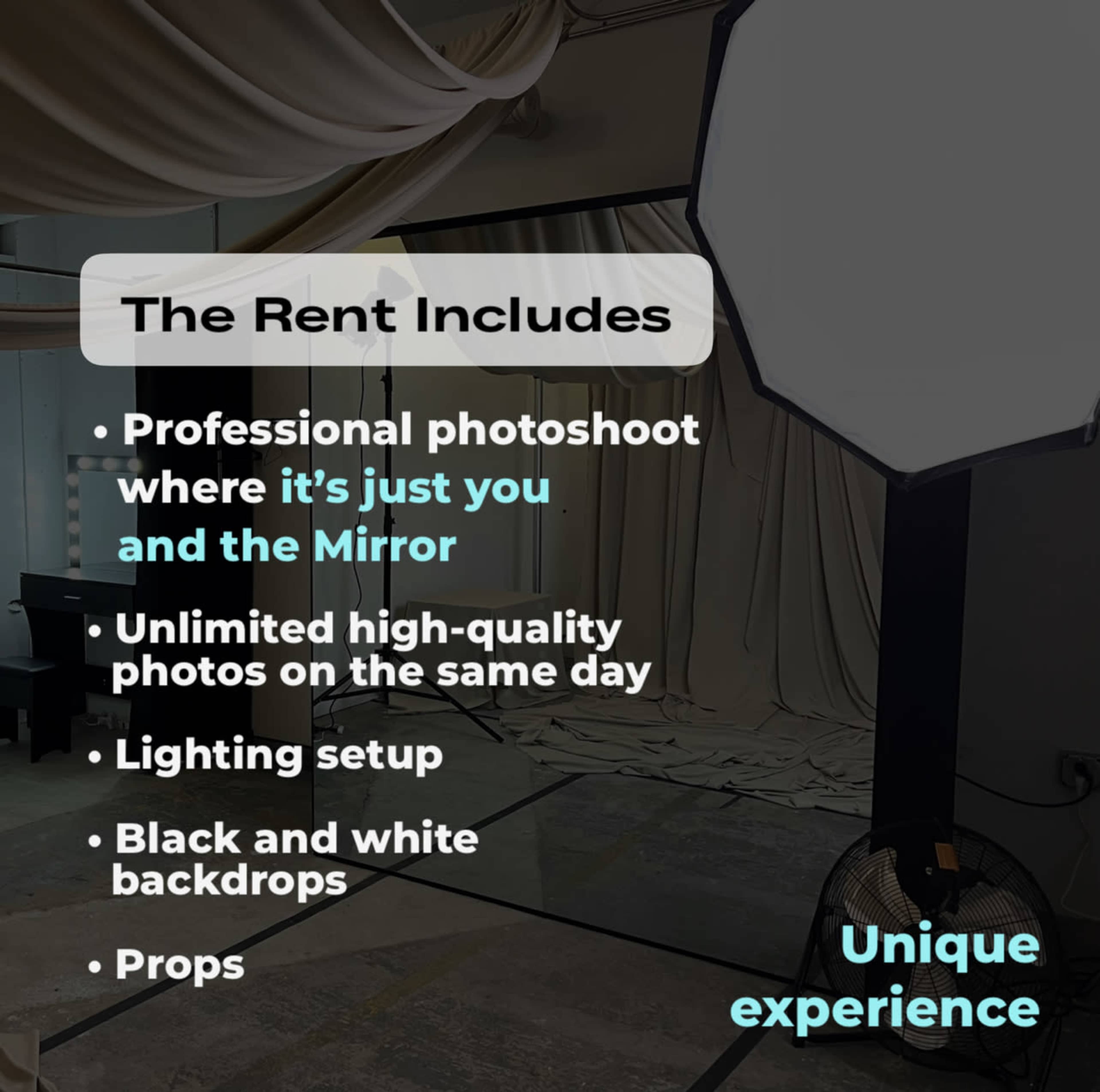 The image presents a promotional graphic highlighting the features of a photoshoot experience, including a professional setup, unlimited high-quality photos, and available props.