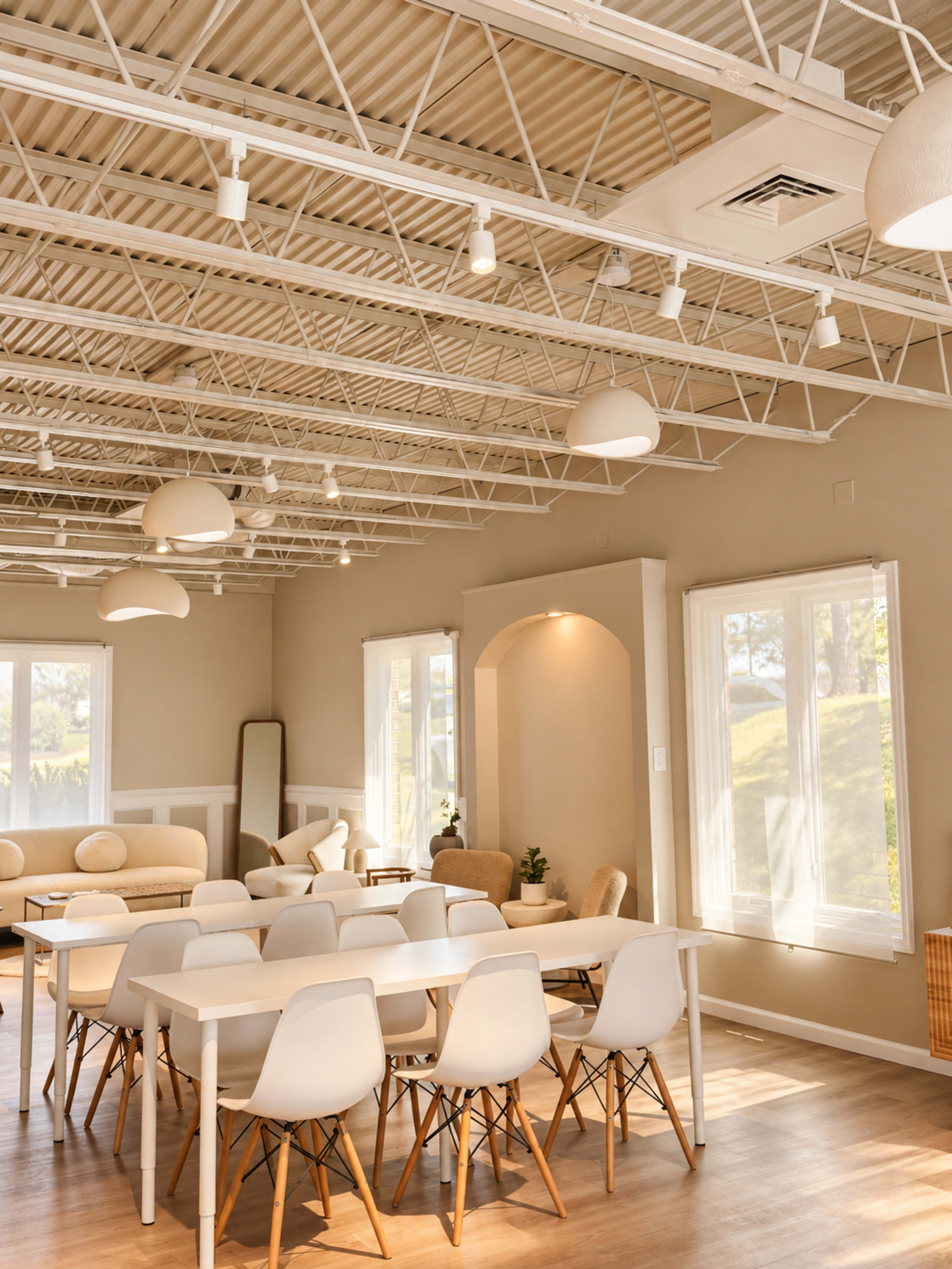 The image shows a well-lit, modern meeting space featuring a long white table surrounded by white chairs and large windows.