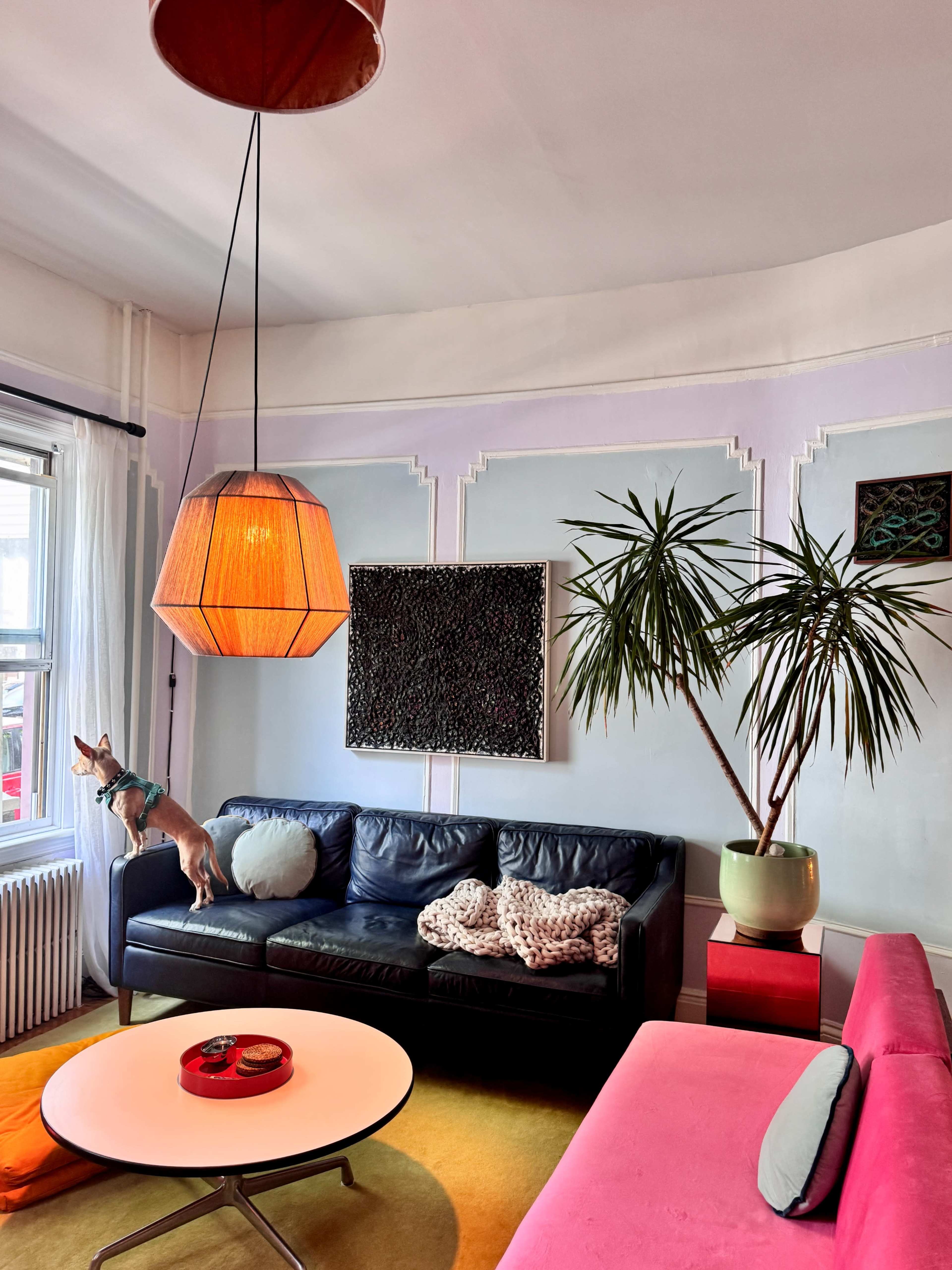 A living room features a black leather sofa, a pink couch, a round coffee table, and a dog standing on the sofa, with a prominent pendant light and potted plant in the background.