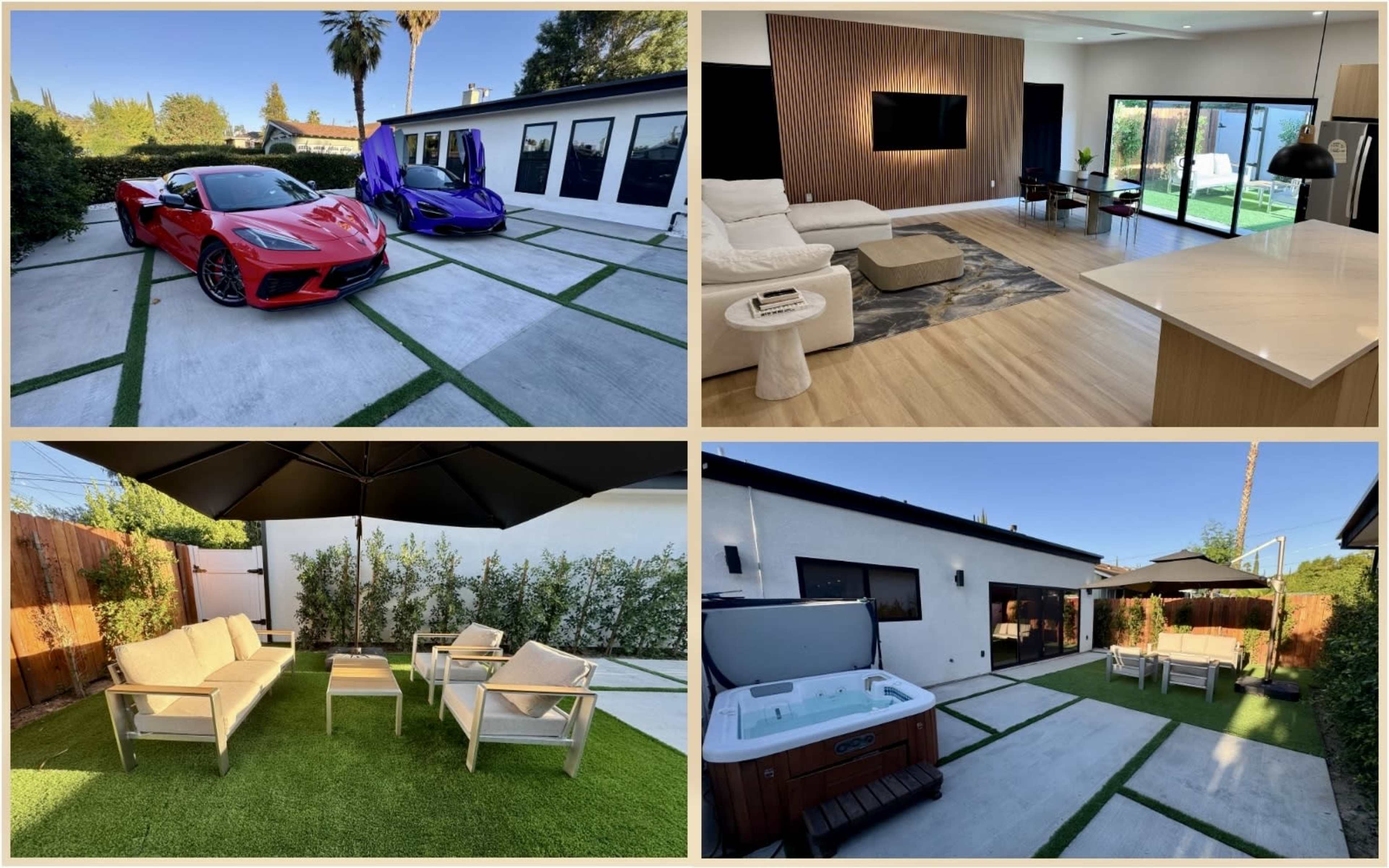 The image displays a modern residential property featuring two luxury cars parked in the driveway and distinct outdoor living areas with seating and a hot tub.