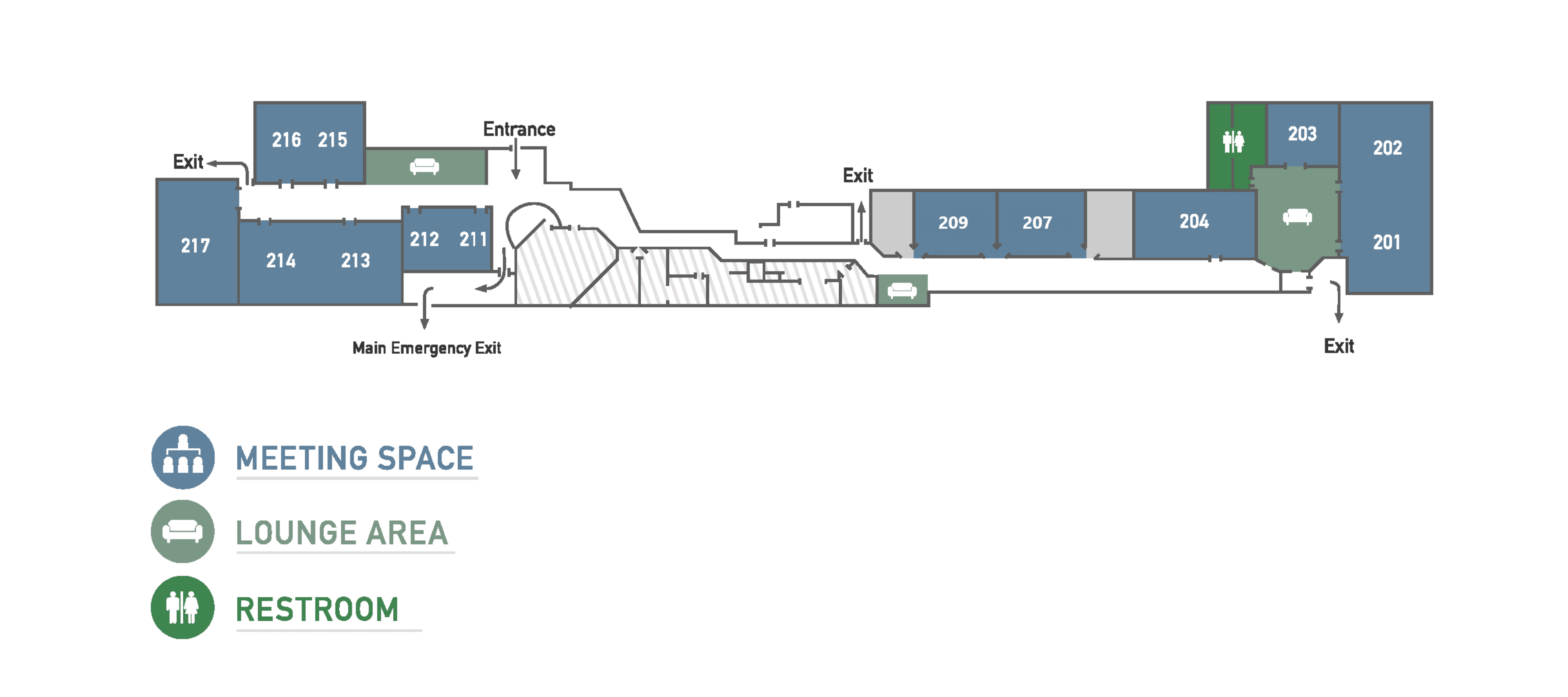 A floor plan labeled with room numbers, indicating meeting spaces, a lounge area, and restroom locations, along with exits.
