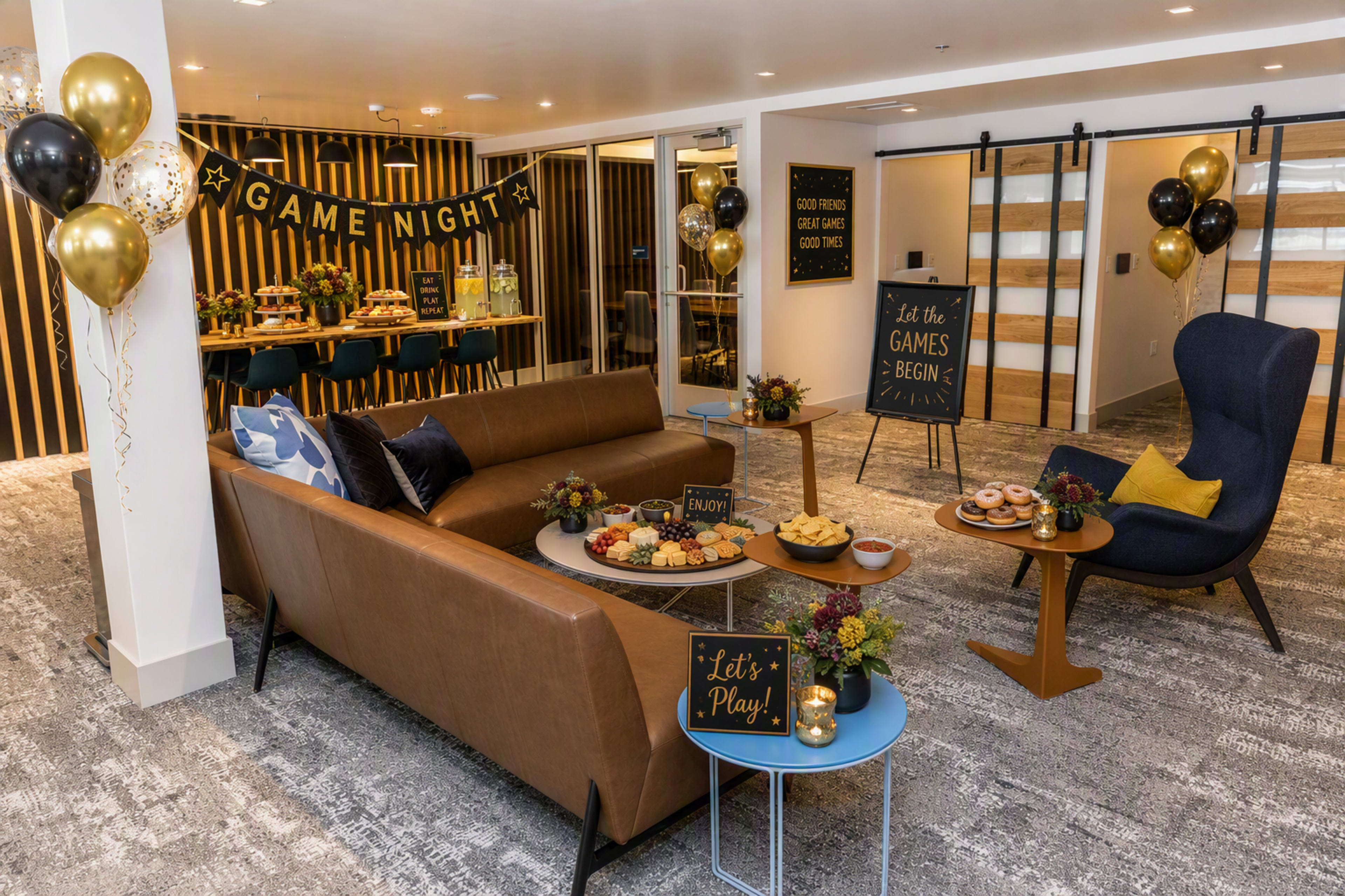 The image showcases a decorated room for a game night, featuring a cozy seating area with a sofa and various snacks, along with balloons and a table set up for games.