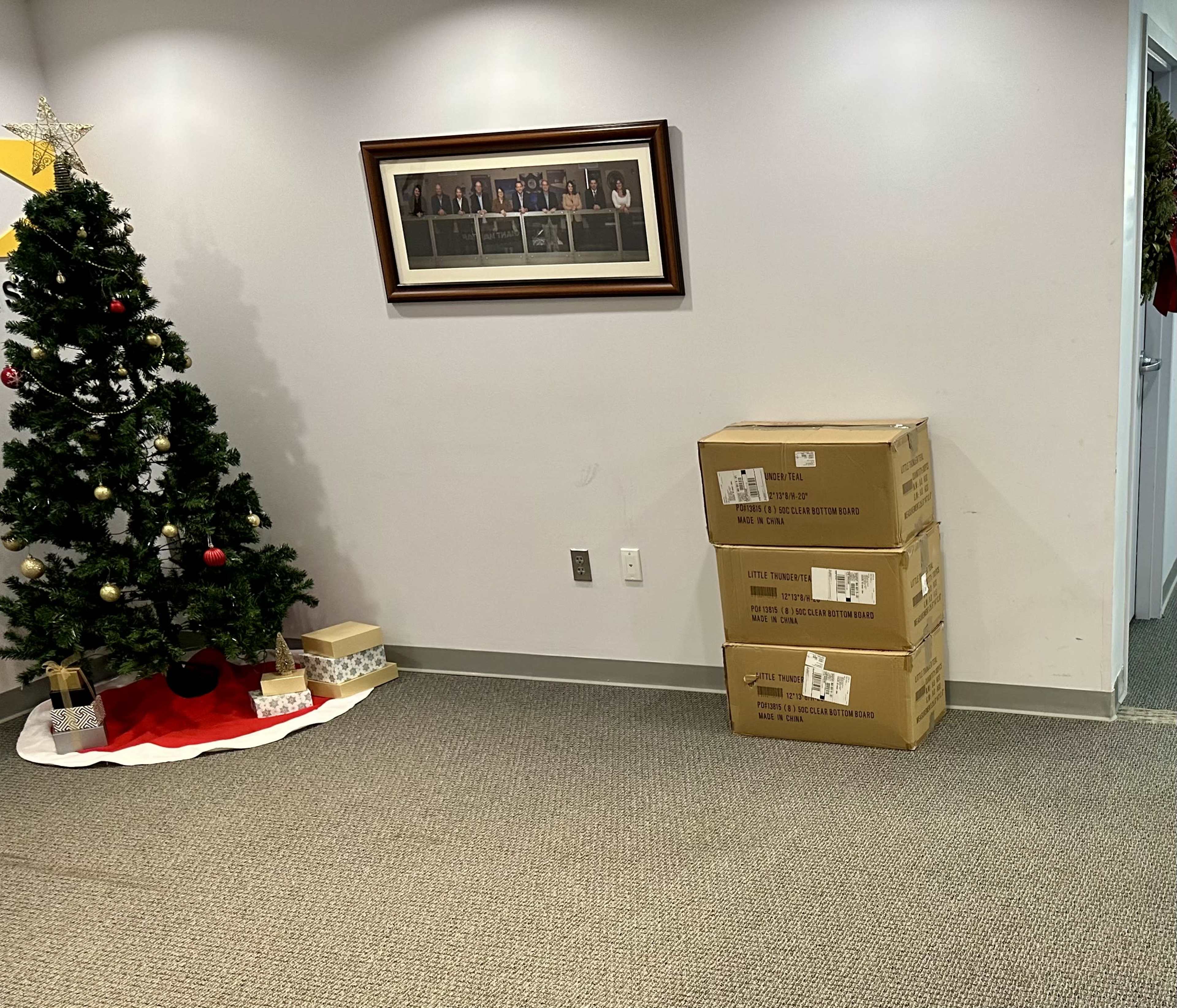 The image shows a holiday-decorated corner of a room featuring a Christmas tree, a framed photo on the wall, and three stacked cardboard boxes on the floor.