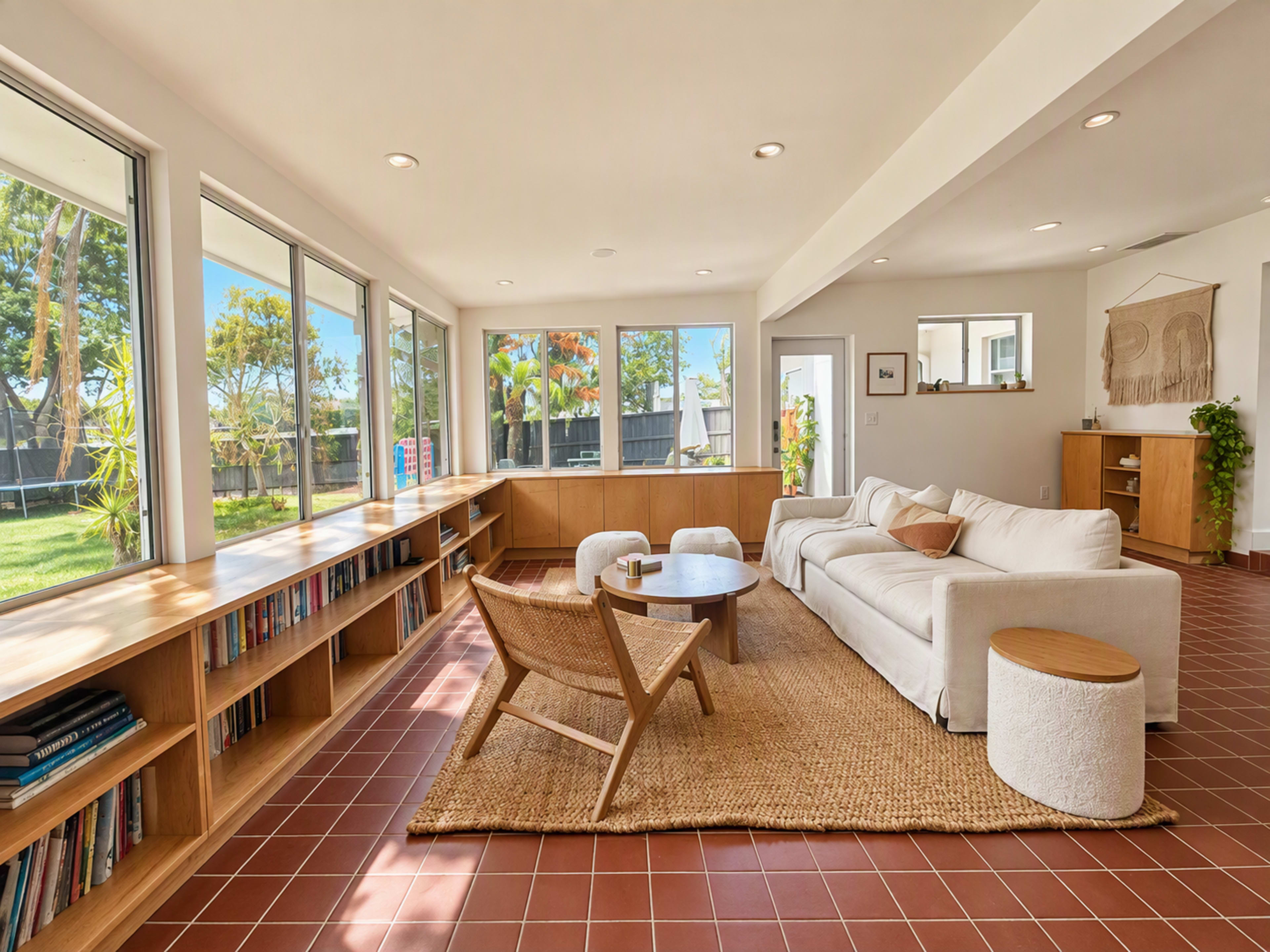 The image shows a bright living room with large windows, a white sofa, a round coffee table, a woven rug, and a bookcase along one wall.