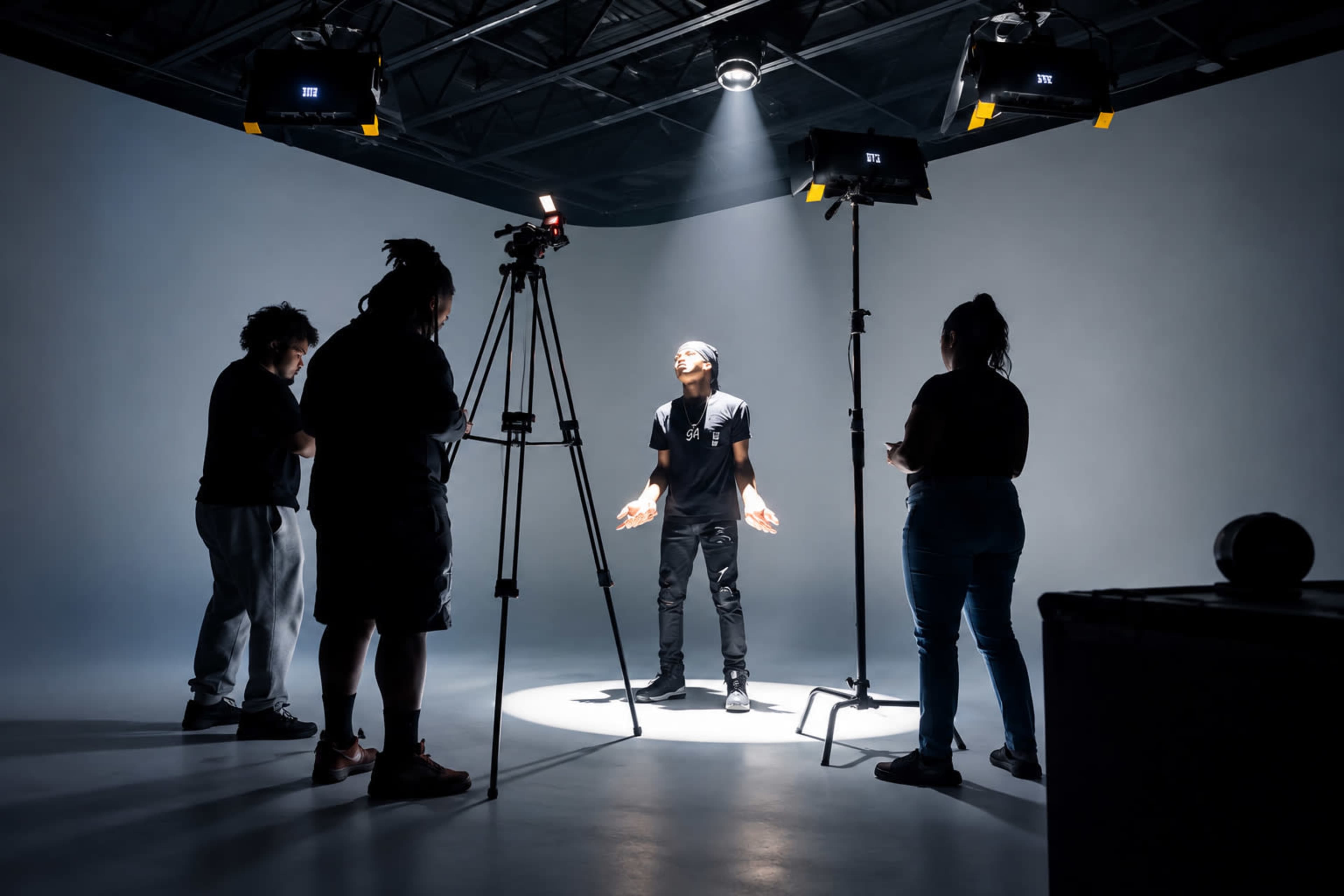 A group of four individuals is positioned around a standing person in lit clothing, who is gesturing in a spotlight on a stage-like set.