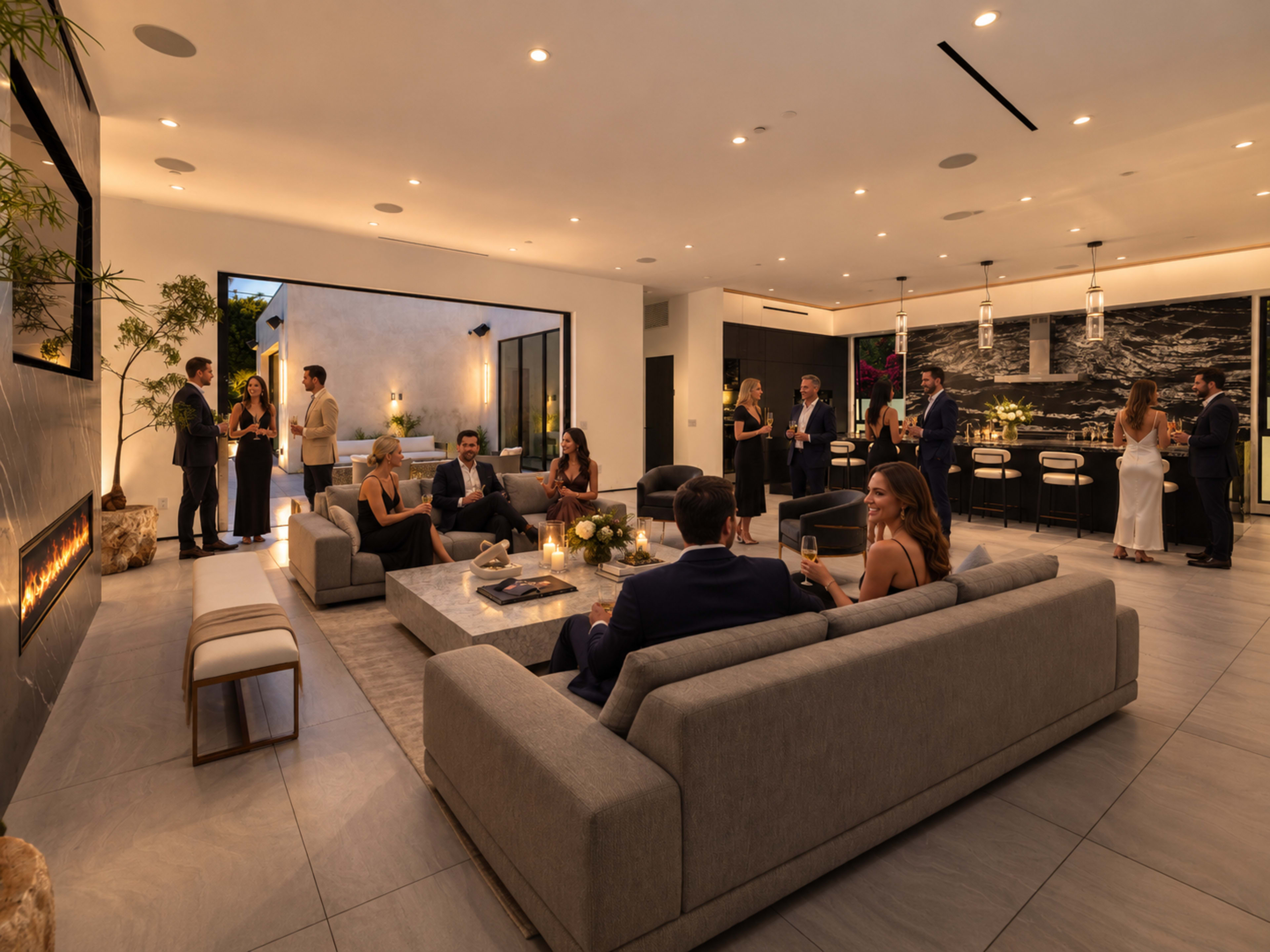 A modern living room features several groups of people socializing, with sleek furnishings and warm lighting creating a sophisticated atmosphere.