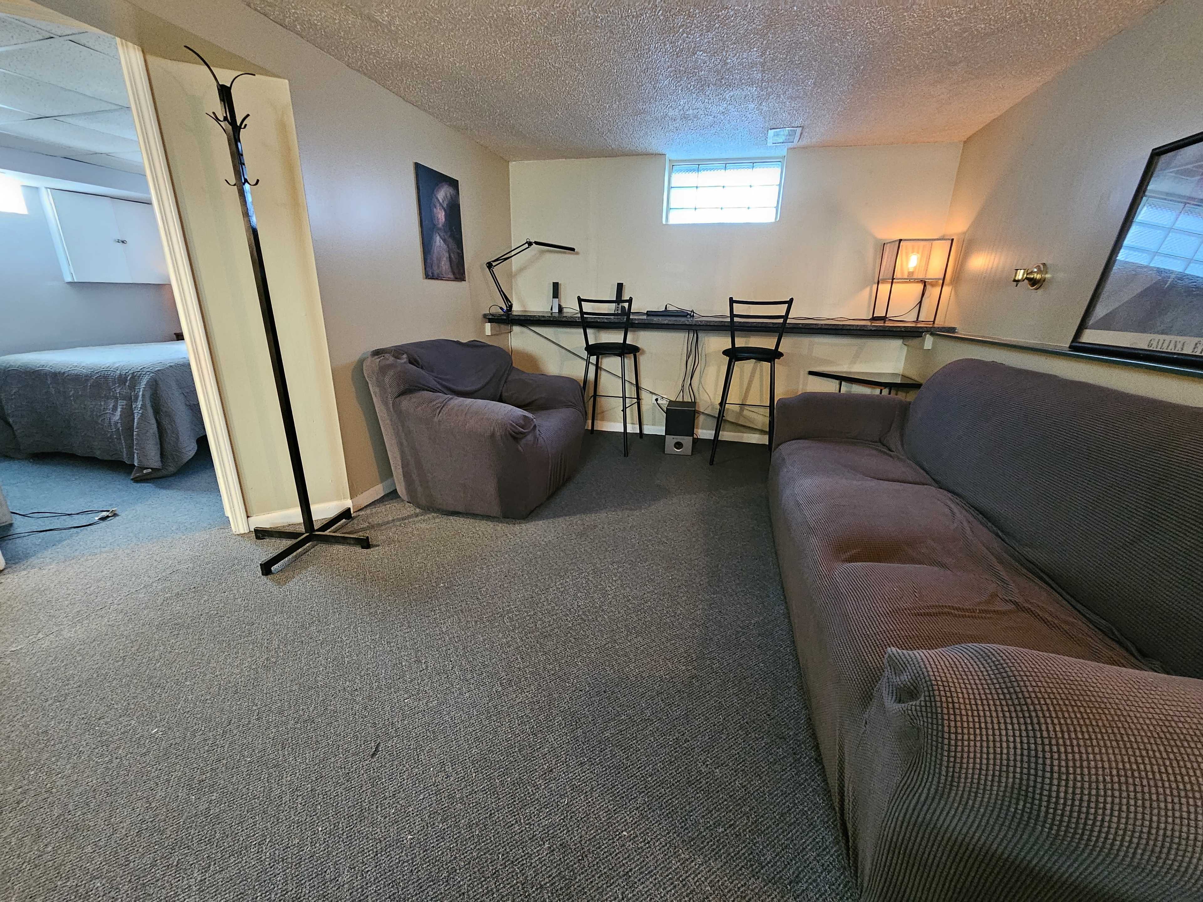 A basement living area with two gray sofas, a bar-style table with stools, and a separate bed area in the background.