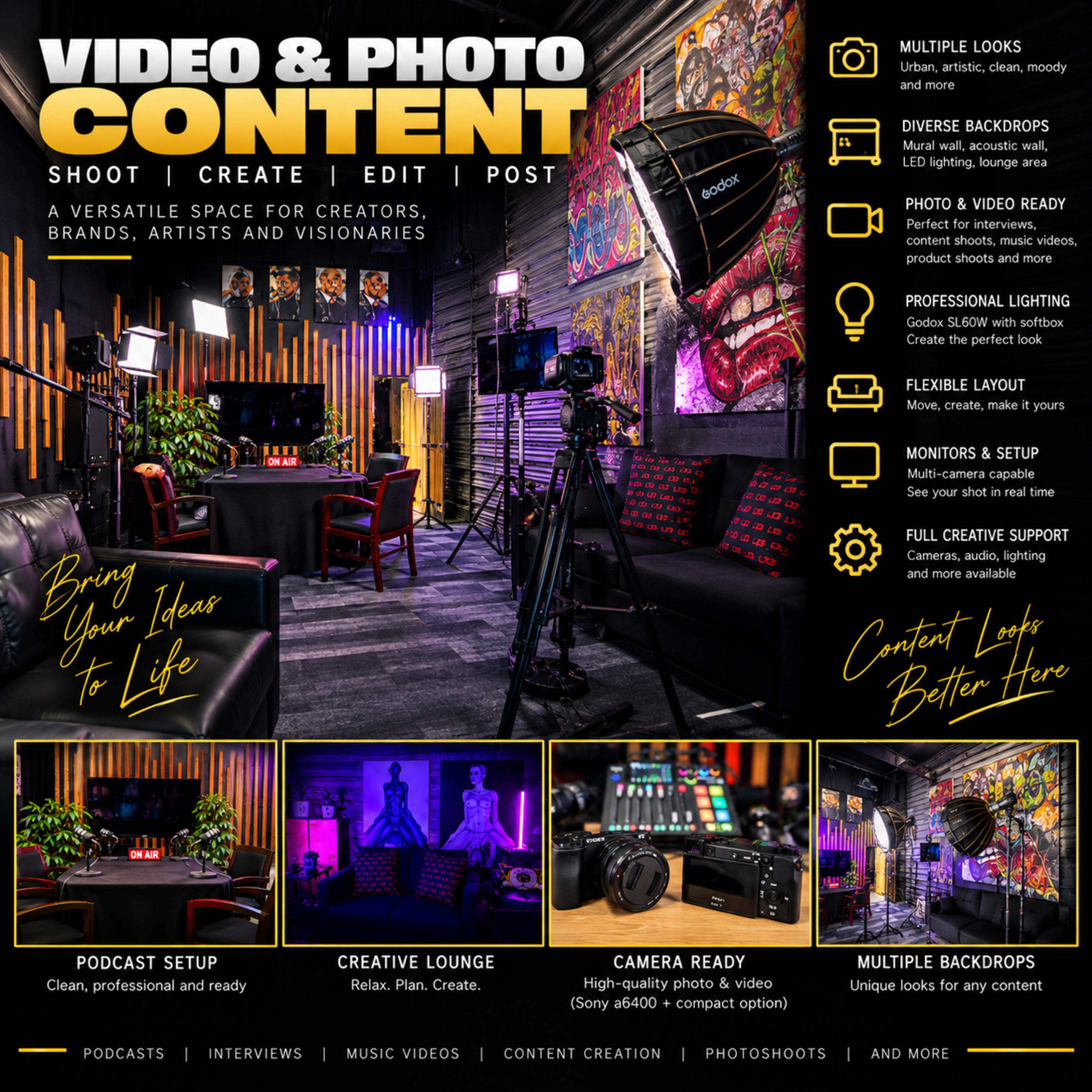 The image displays a vibrant multimedia studio featuring a cozy podcast setup, colorful backdrops, and professional equipment for video and photo content creation.
