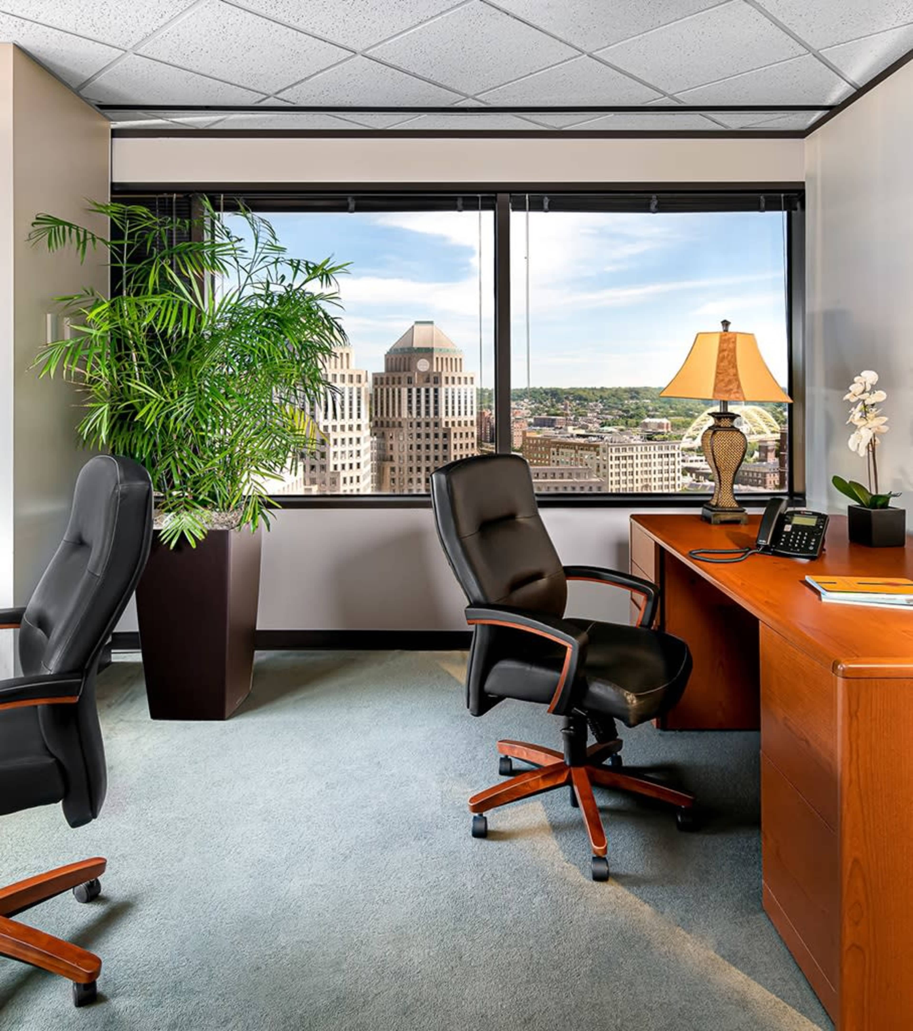 The image shows a modern office space featuring a wooden desk with a lamp, a phone, and a decorative plant, along with two black office chairs and a large window revealing a cityscape view.