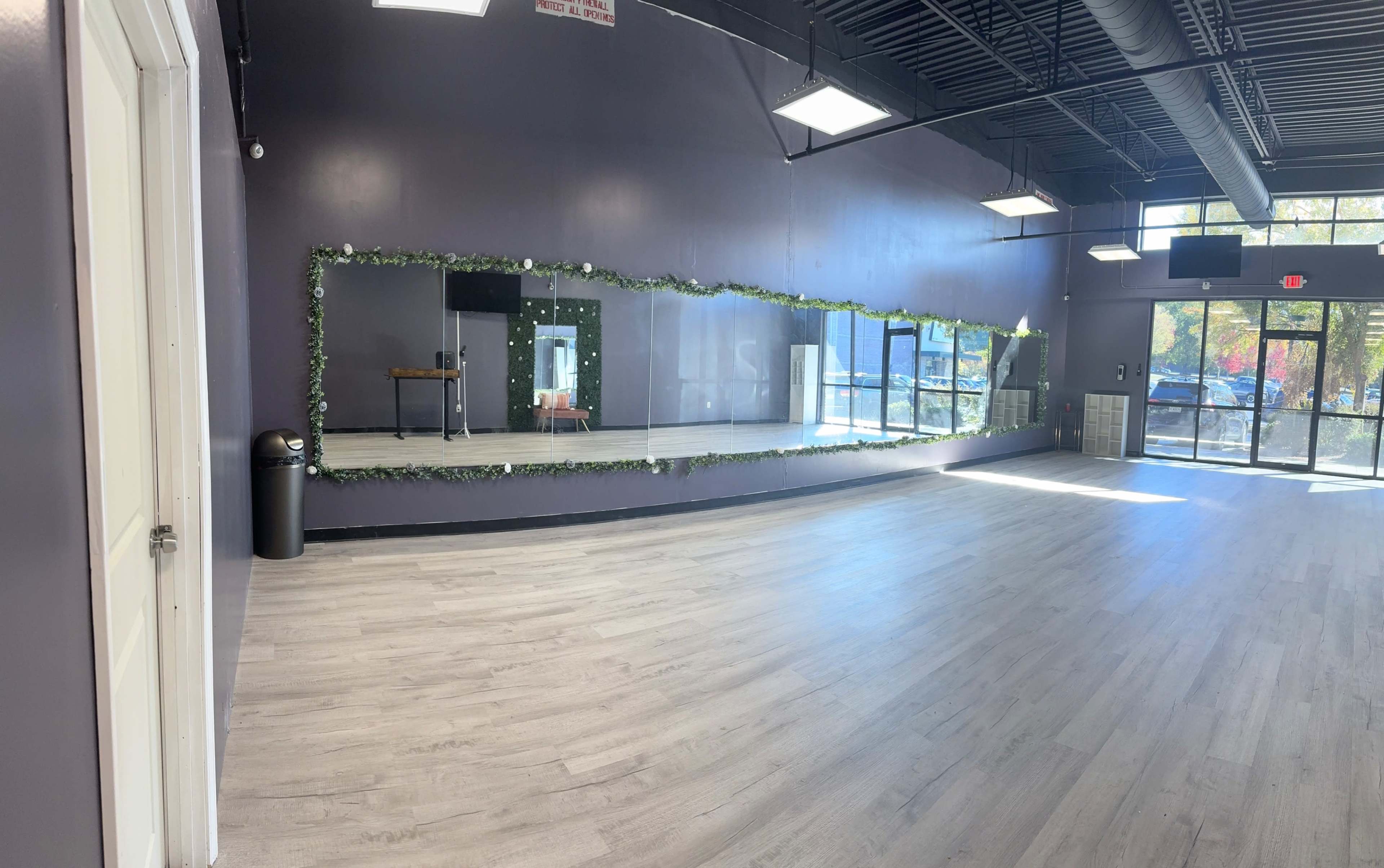 The image shows a spacious dance studio with large mirrors and a wooden floor, adorned with greenery along one wall and large windows allowing natural light.