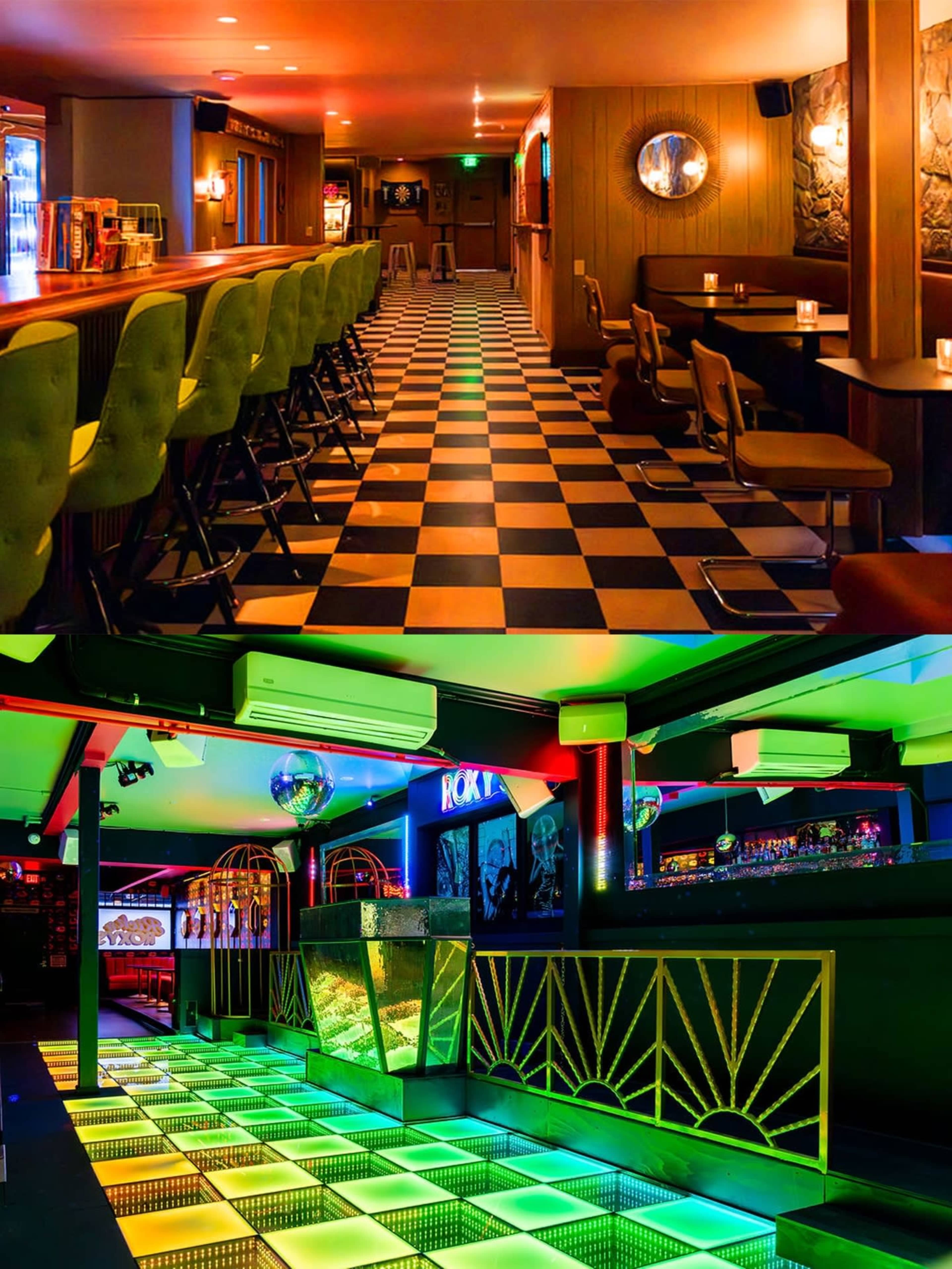 The image shows a split view of a bar with a checkered floor and a brightly colored nightclub featuring LED lighting and a dance floor.