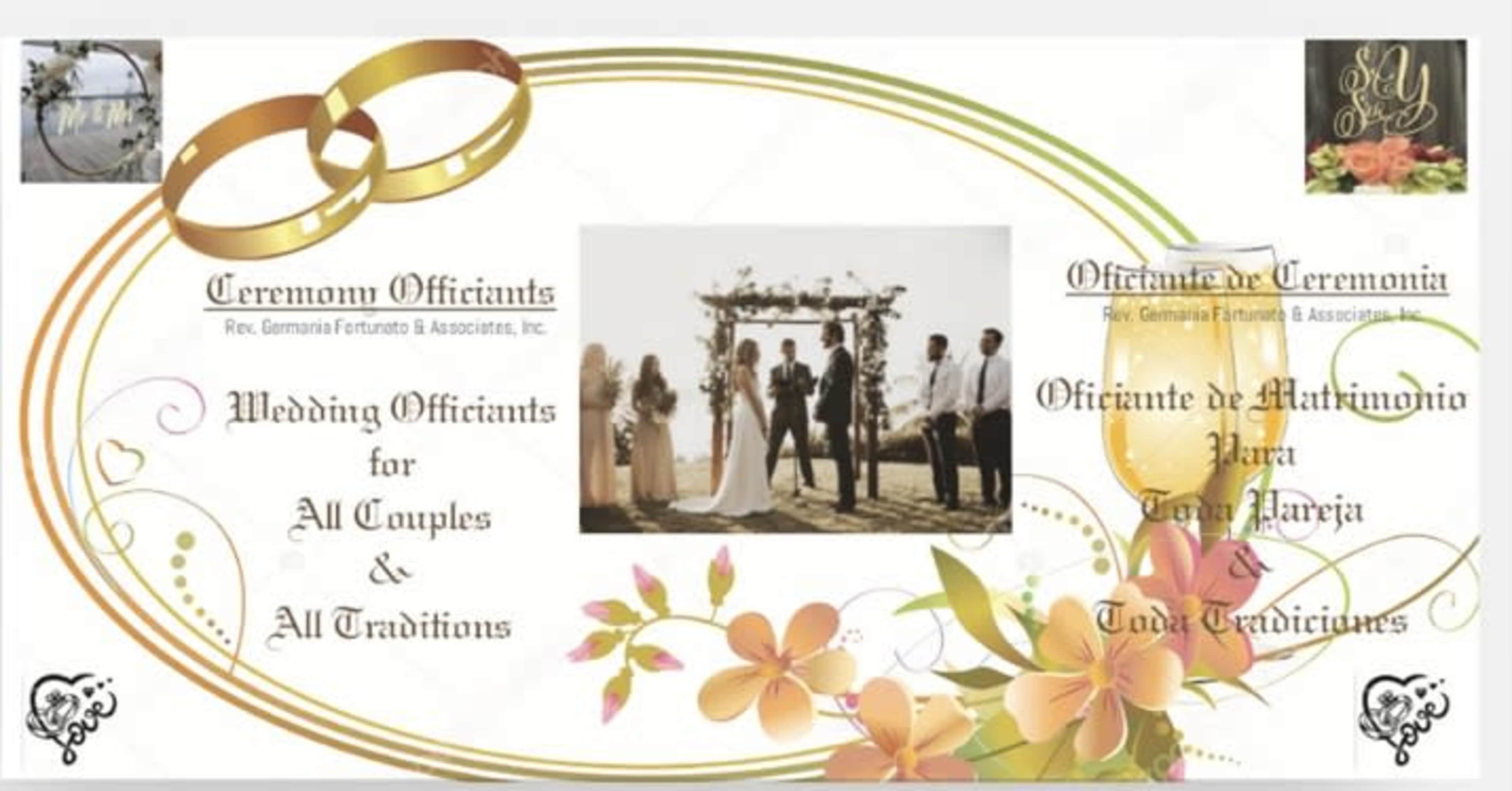 A wedding-themed graphic with intertwined rings, floral decorations, and text promoting wedding officiants for all couples and traditions.