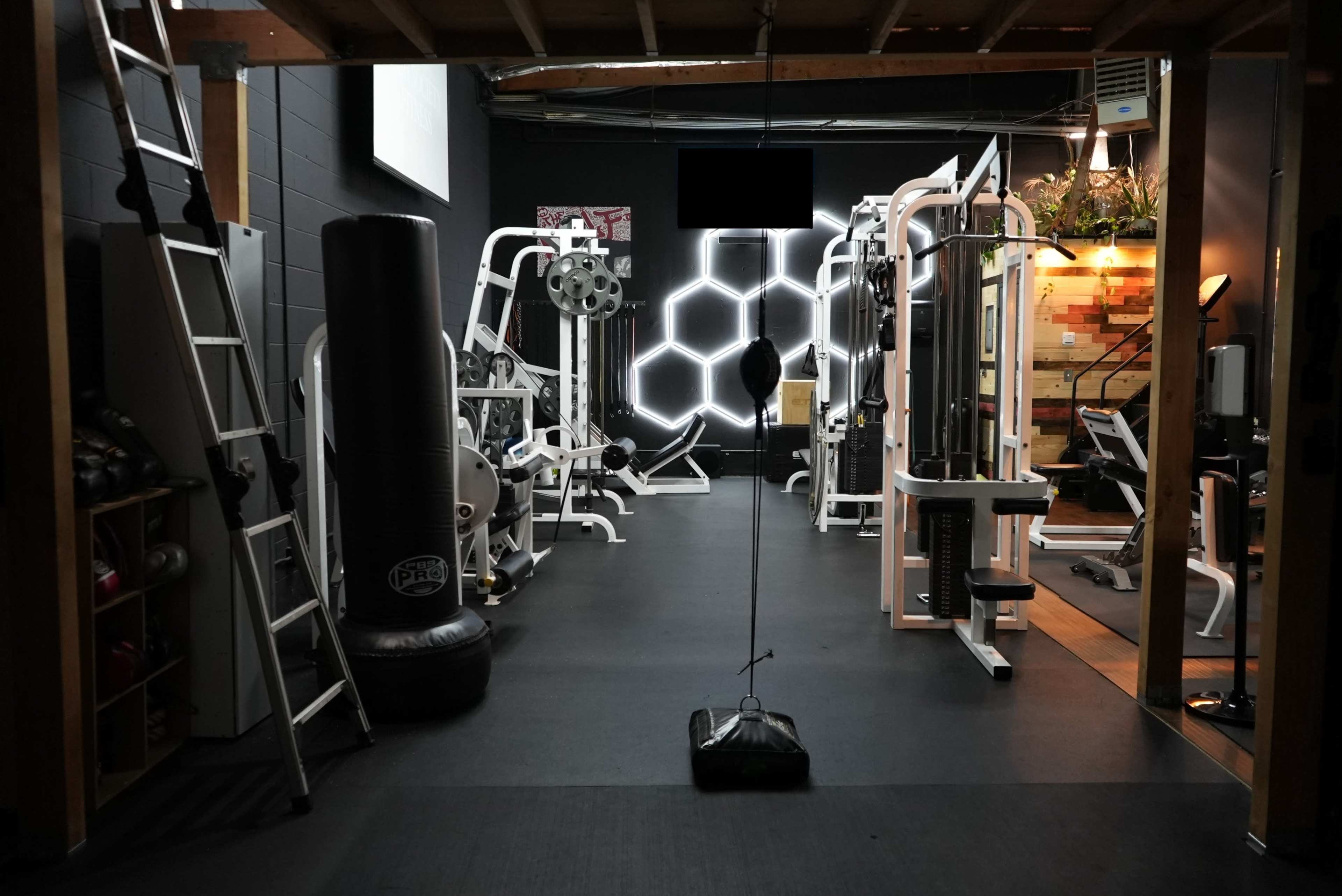 A gym interior with various exercise equipment, including a punching bag and weight machines, arranged in a well-lit space.
