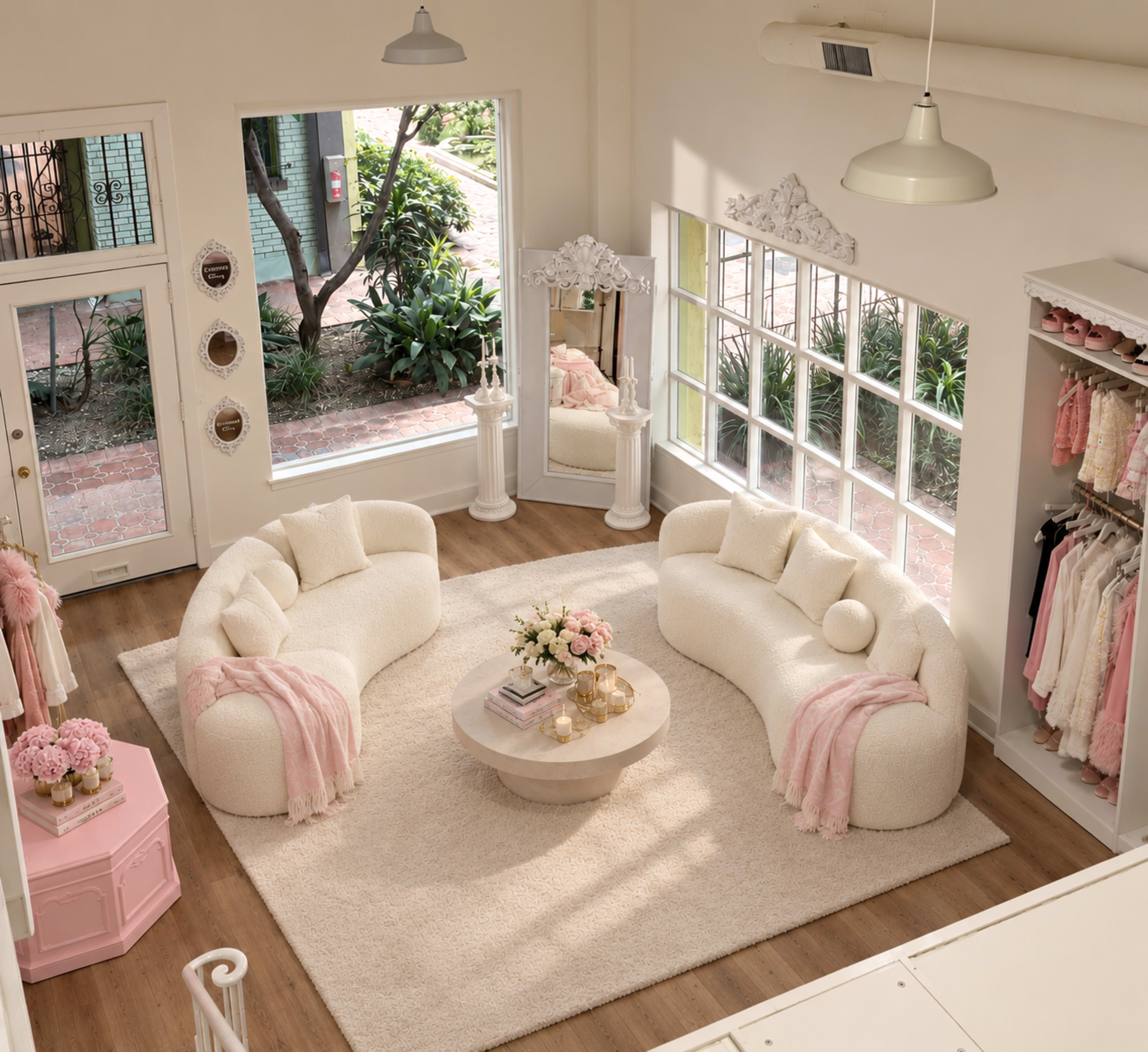 The image shows a spacious, well-lit room featuring curved, plush furniture arranged around a round coffee table, with large windows offering a view of greenery outside.