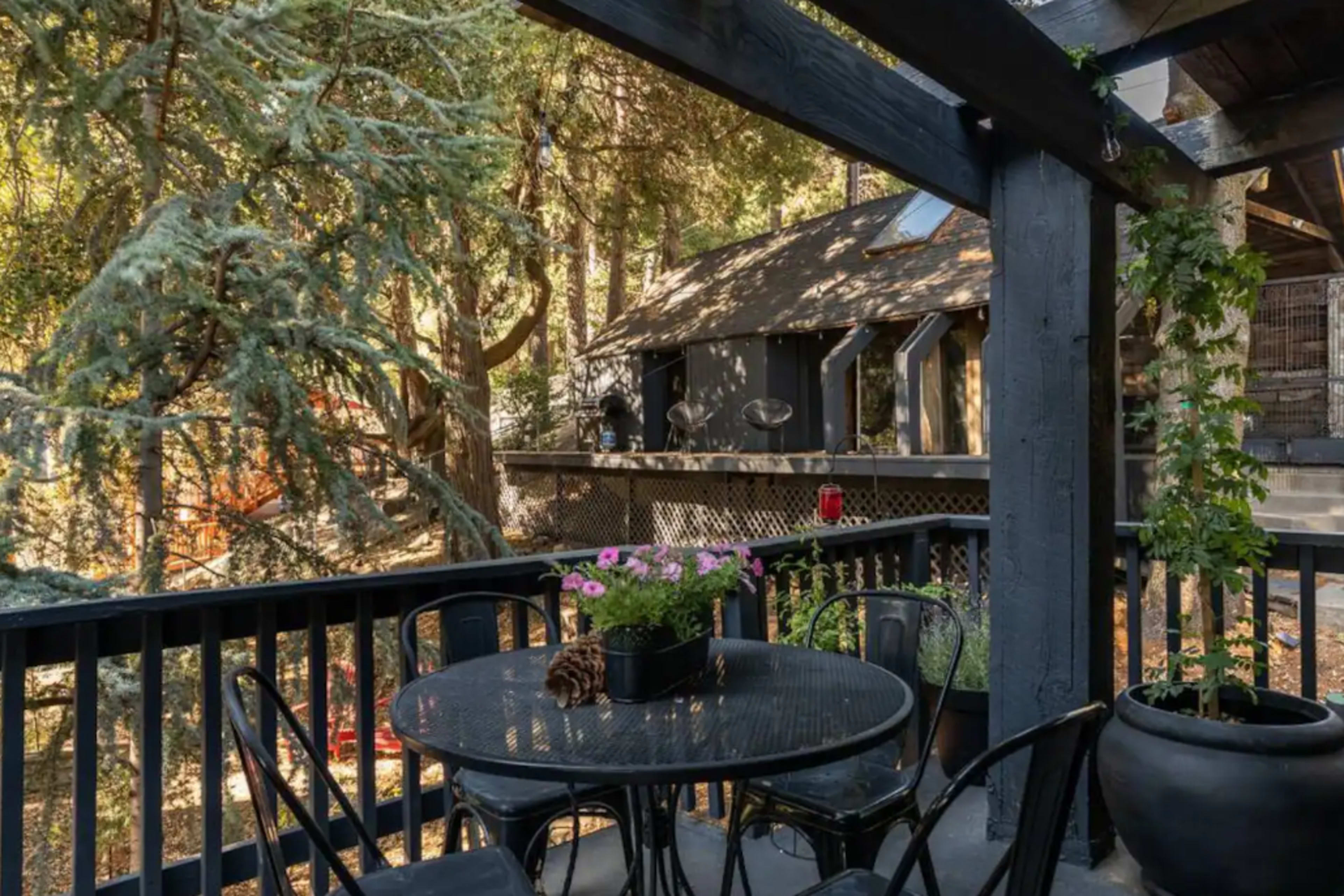 A patio table with chairs and potted plants overlooks a wooded area and a nearby cabin.