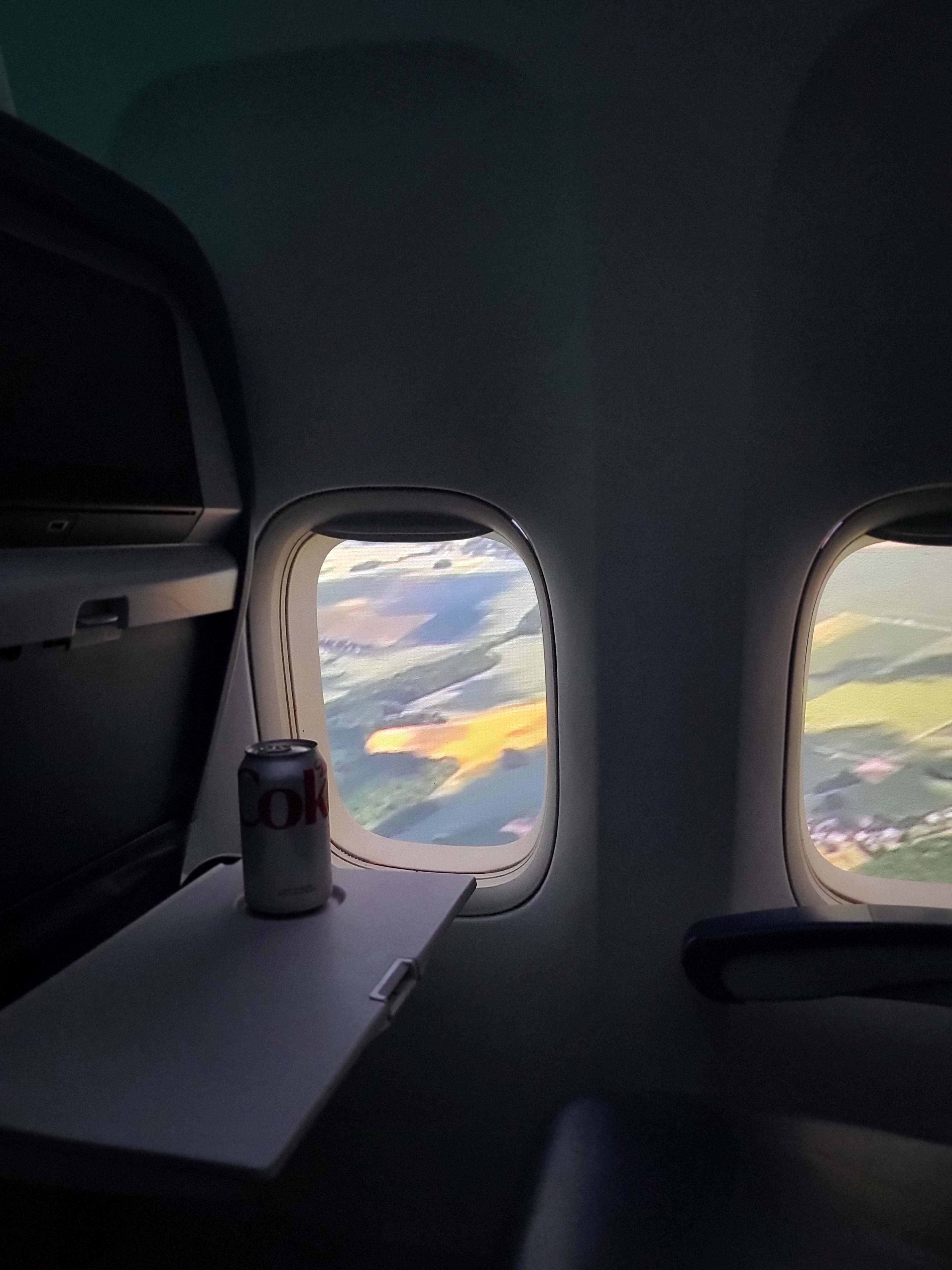 A can of diet soda sits on a foldable table next to an airplane window, showcasing fields and farmland below.