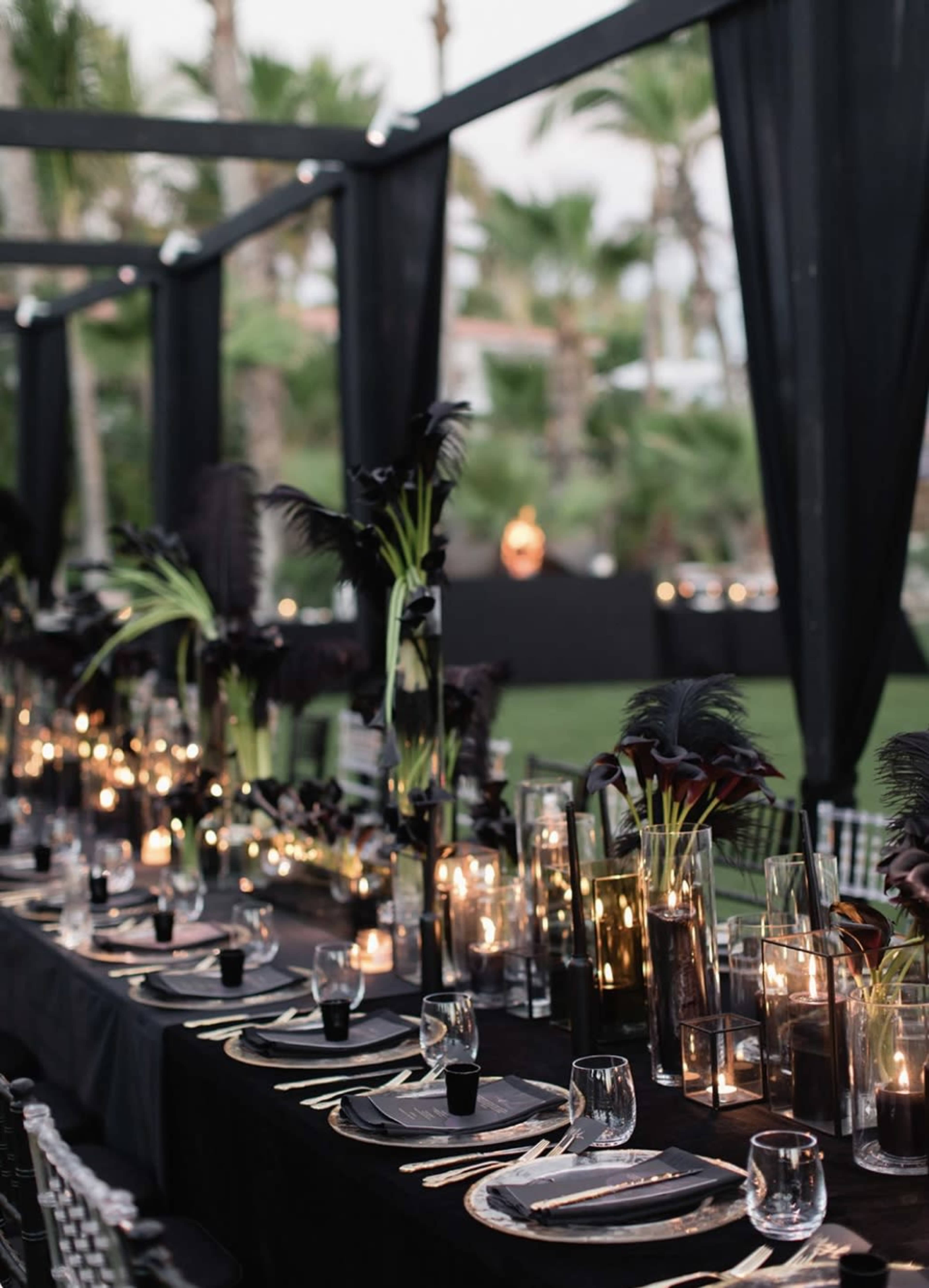 A long banquet table is elegantly set outdoors with candles, black tableware, and decorative plants, surrounded by palm trees.