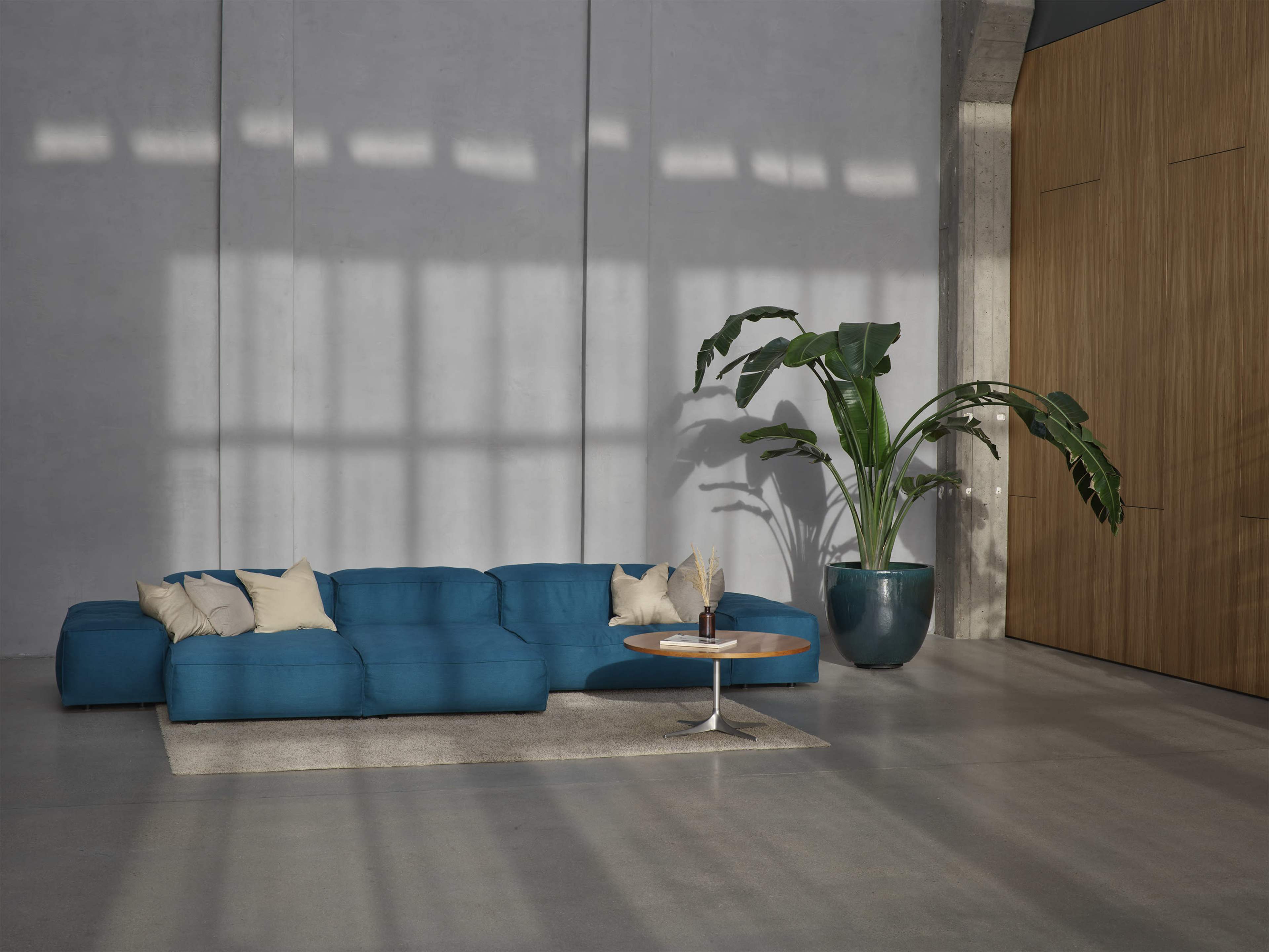 A blue sectional sofa with throw pillows is positioned next to a round coffee table and a large potted plant in a modern interior space with concrete walls and wood accents.