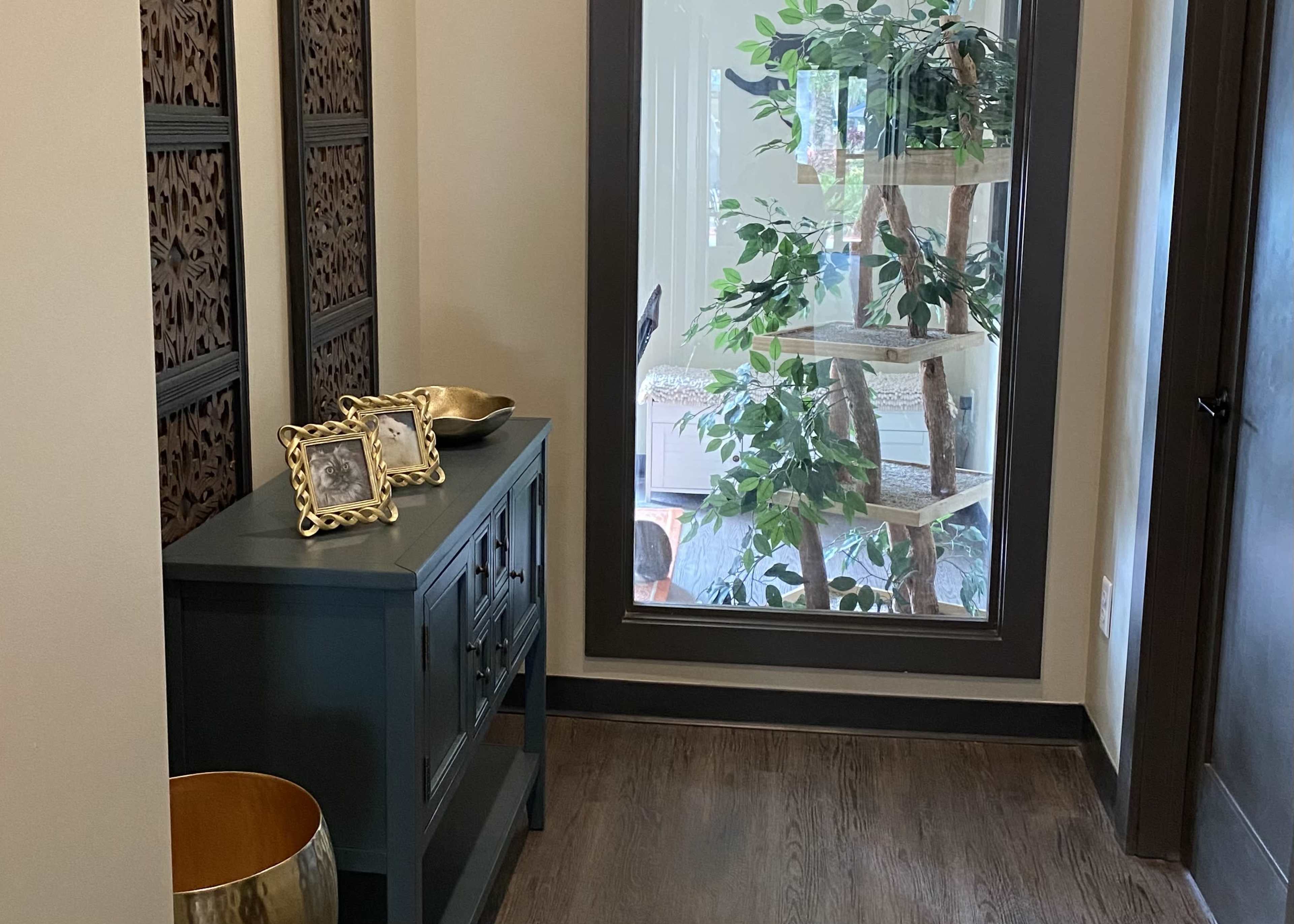 A narrow hallway features a dark wooden cabinet, a decorative bowl, and a large window overlooking a tree and plants.