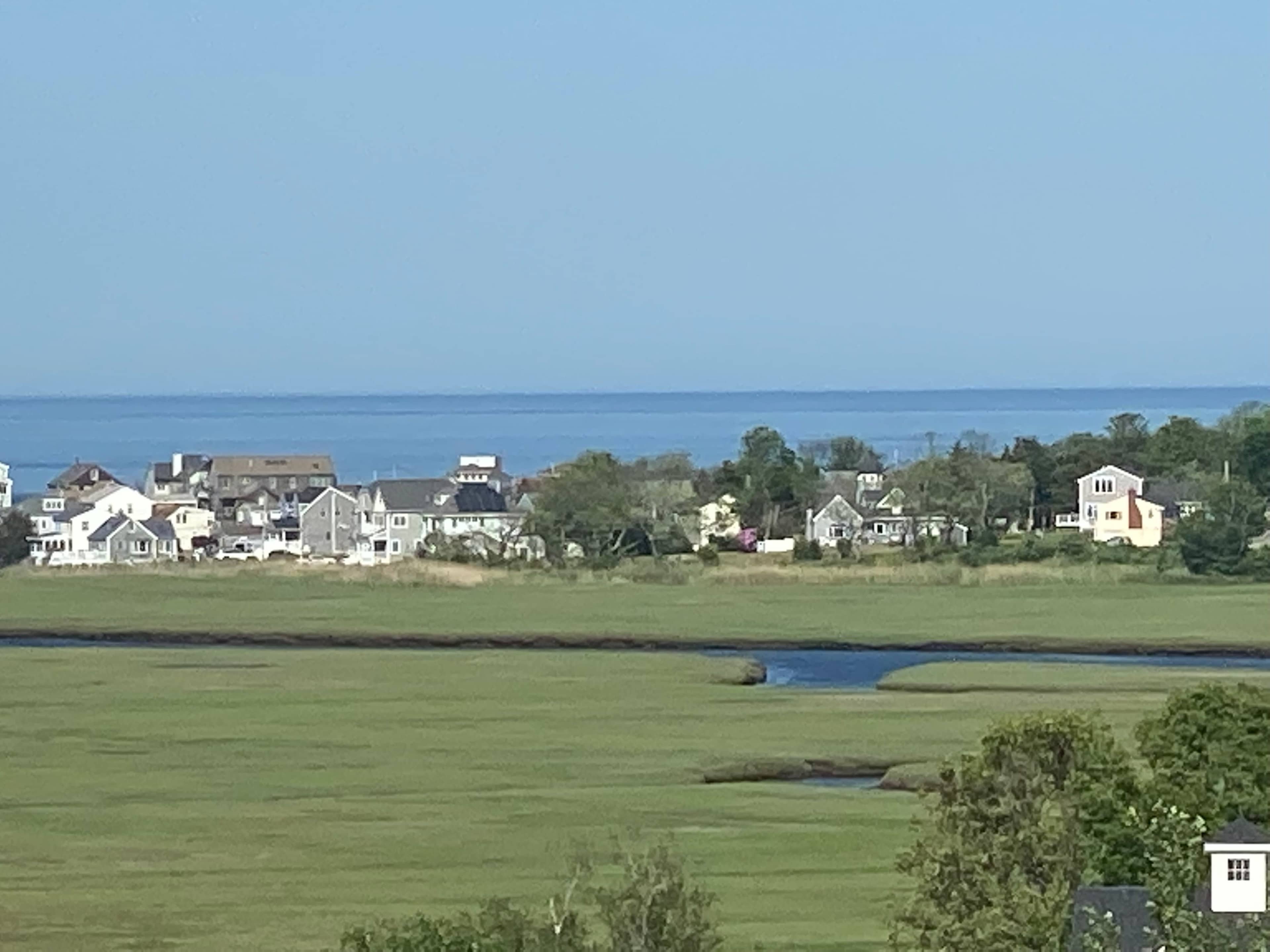 A coastal landscape with houses along the shore, a marsh area, and a calm body of water extending to the horizon.