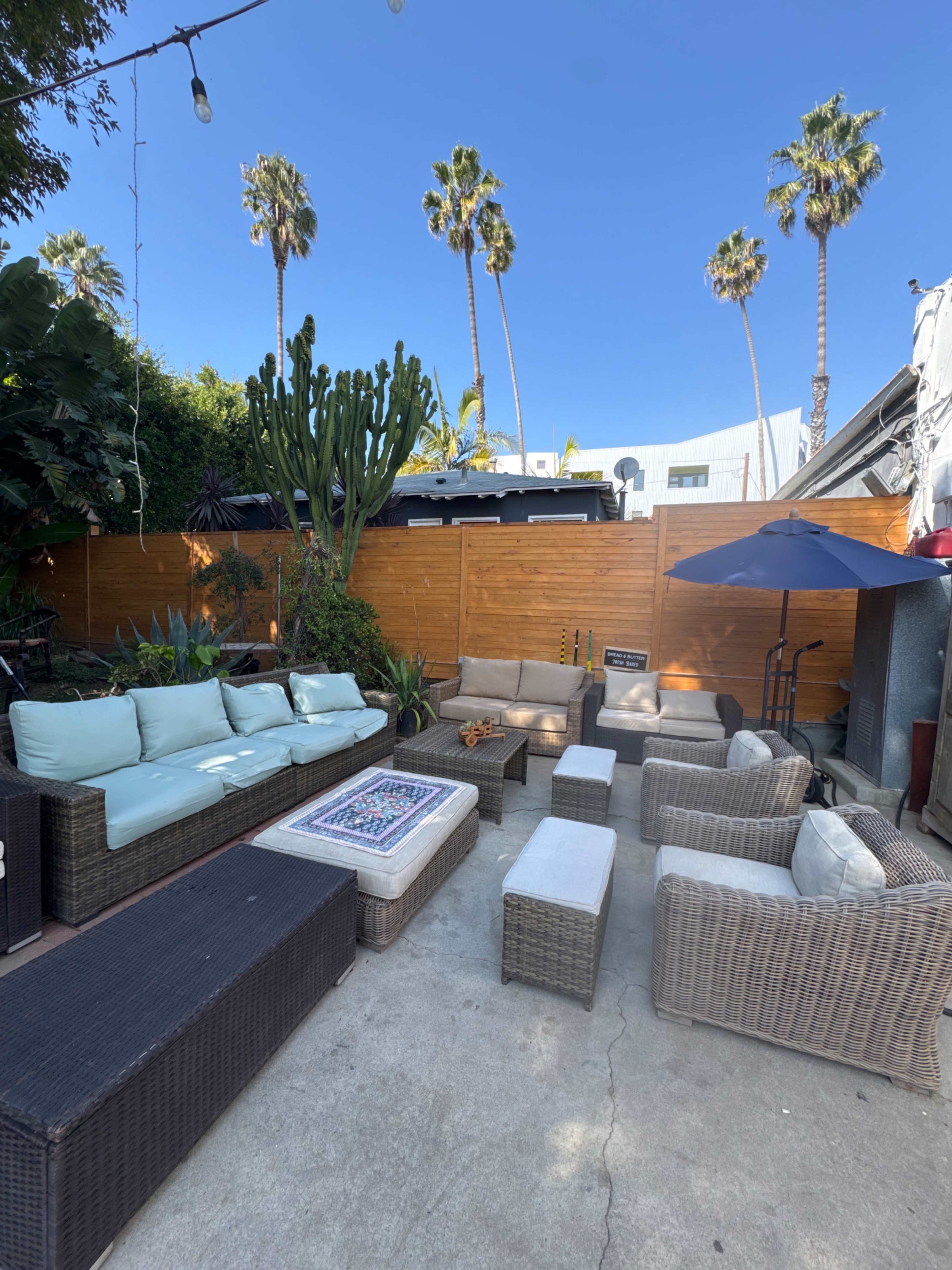 The image shows a backyard seating area featuring several wicker furniture pieces, a low coffee table with a decorative item, and tall palm trees in the background under a clear blue sky.