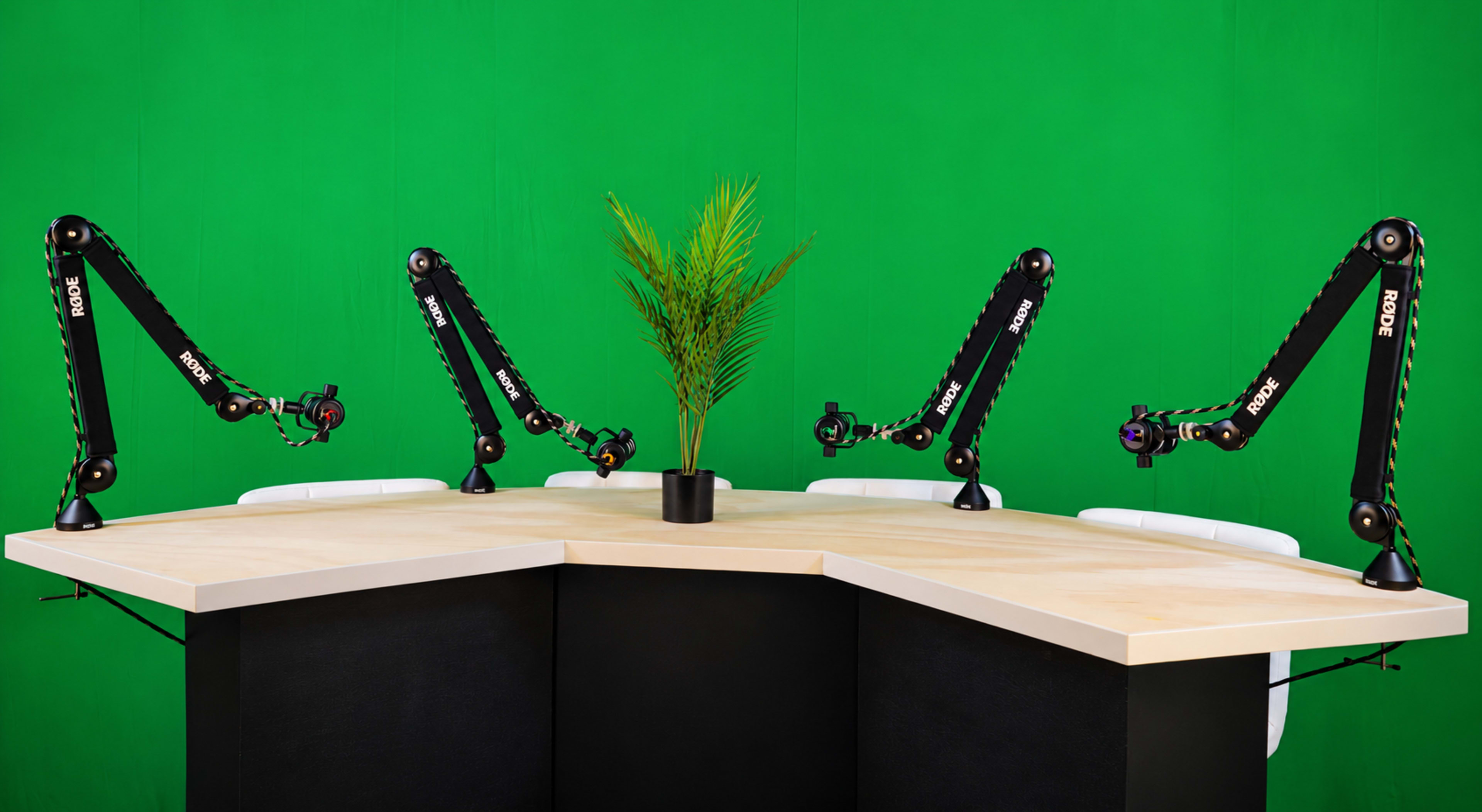 A corner desk with four adjustable microphone arms and a small potted plant sits against a green backdrop.