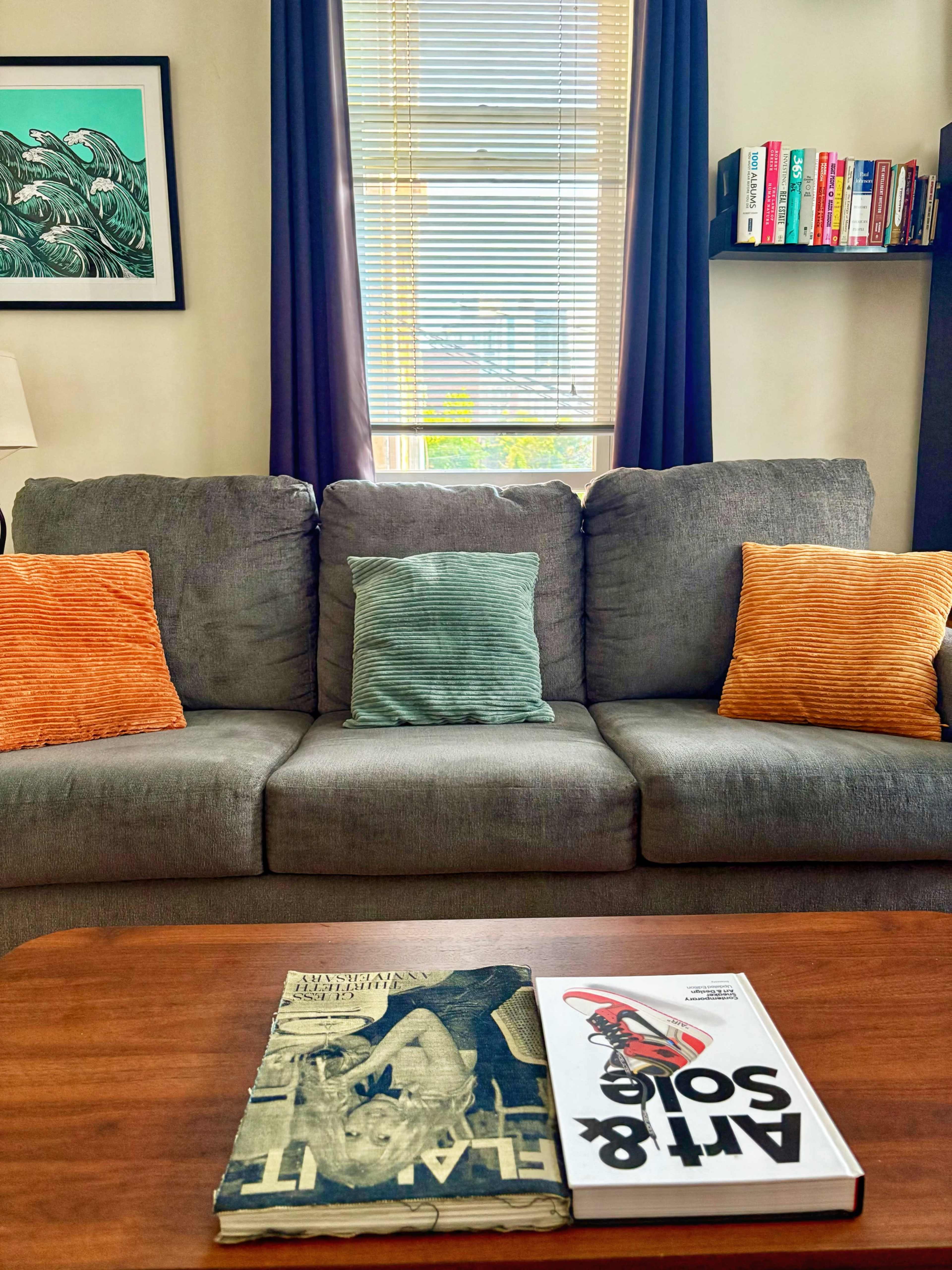 A gray couch with orange and green cushions faces a wooden coffee table displaying two books, set against a backdrop of a bright window and a bookshelf.