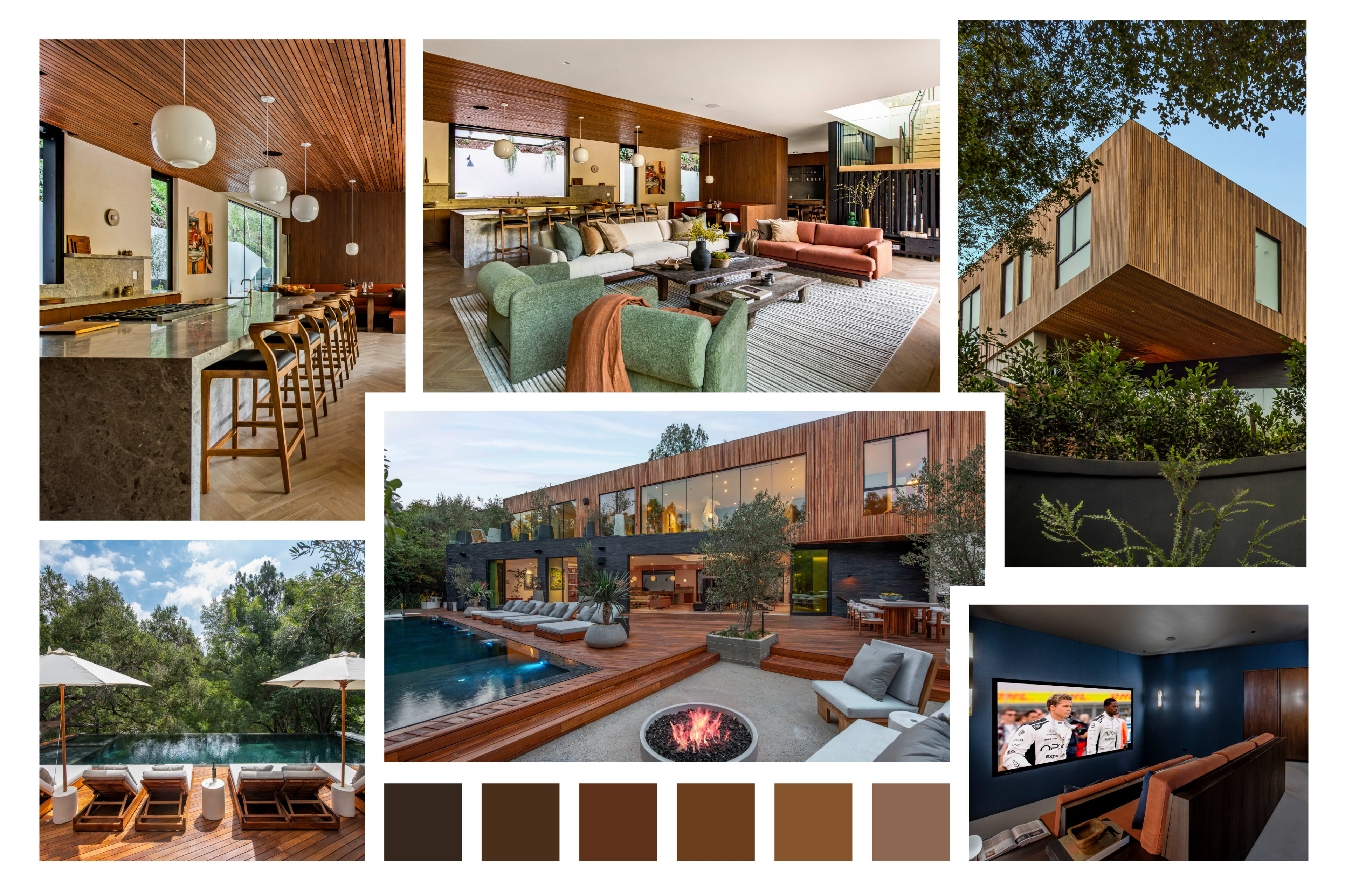The image showcases a modern residence with a mix of indoor and outdoor living spaces, featuring wooden accents, a pool, and a cozy firepit area.