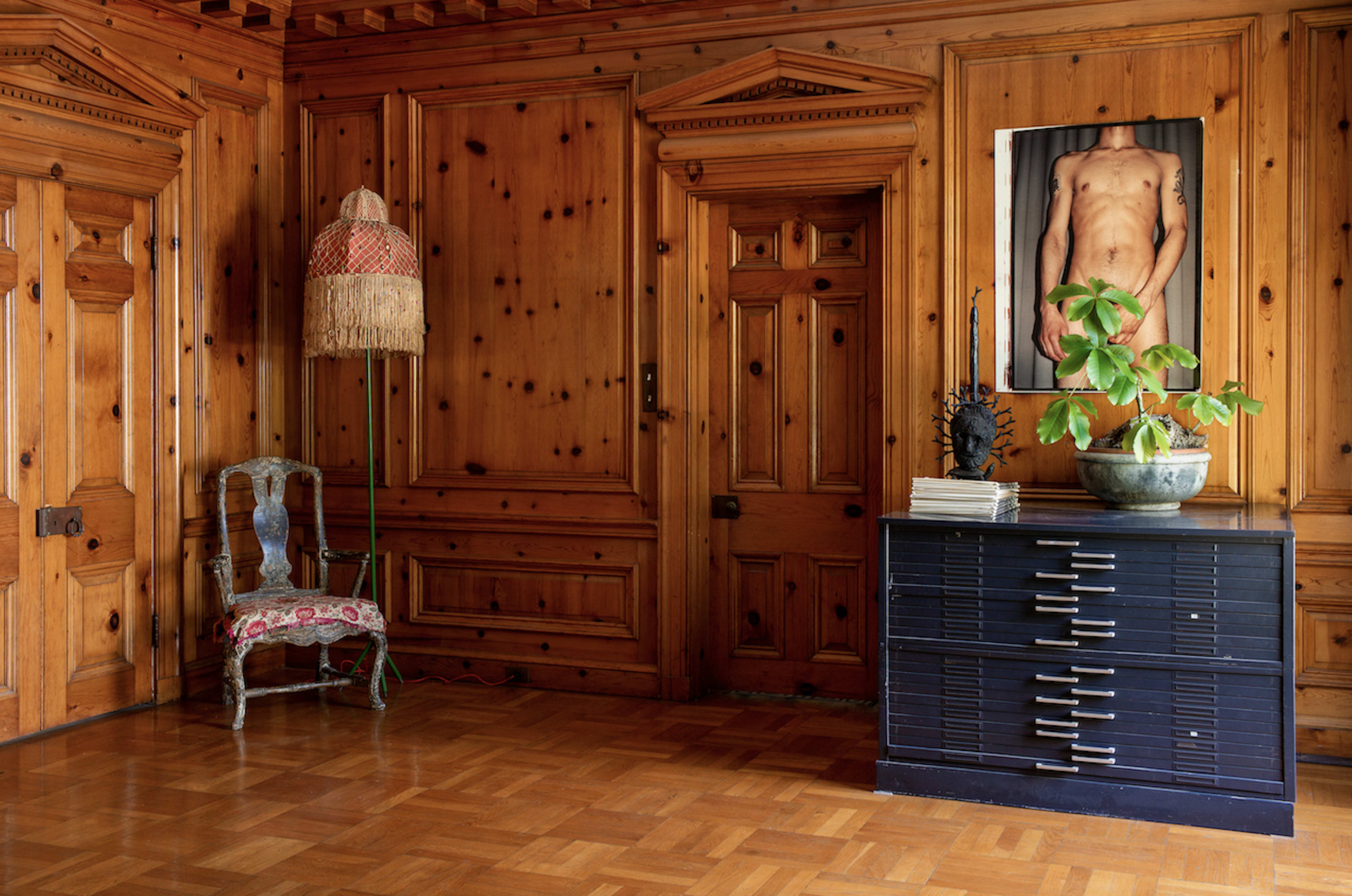The room features wooden walls, a decorative lamp, a chair, a potted plant, and a dark chest of drawers adorned with a photographic artwork on the wall.
