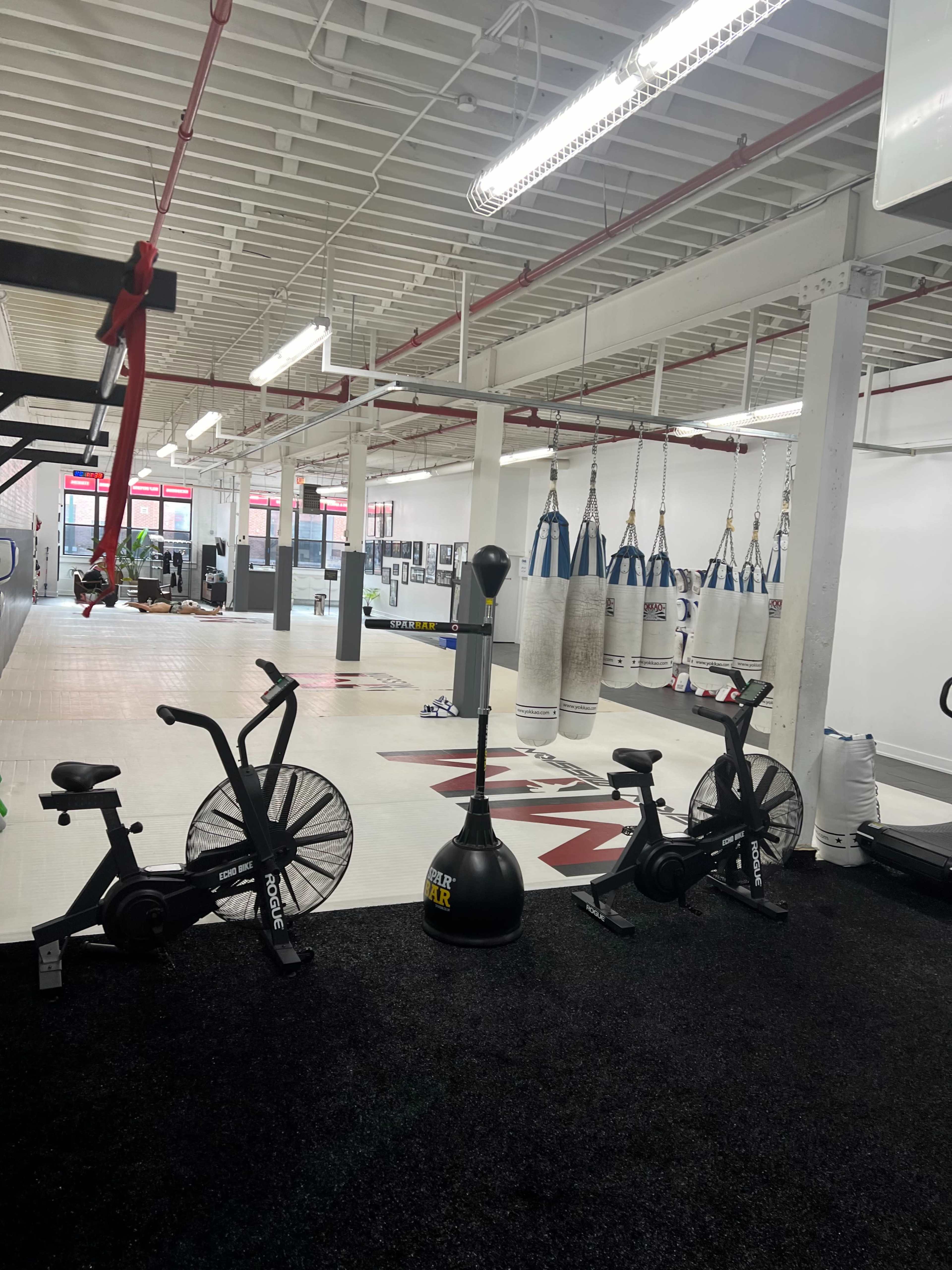 A spacious gym with exercise bikes in the foreground, boxing bags hanging from the ceiling, and various workout equipment arranged in a well-lit area.