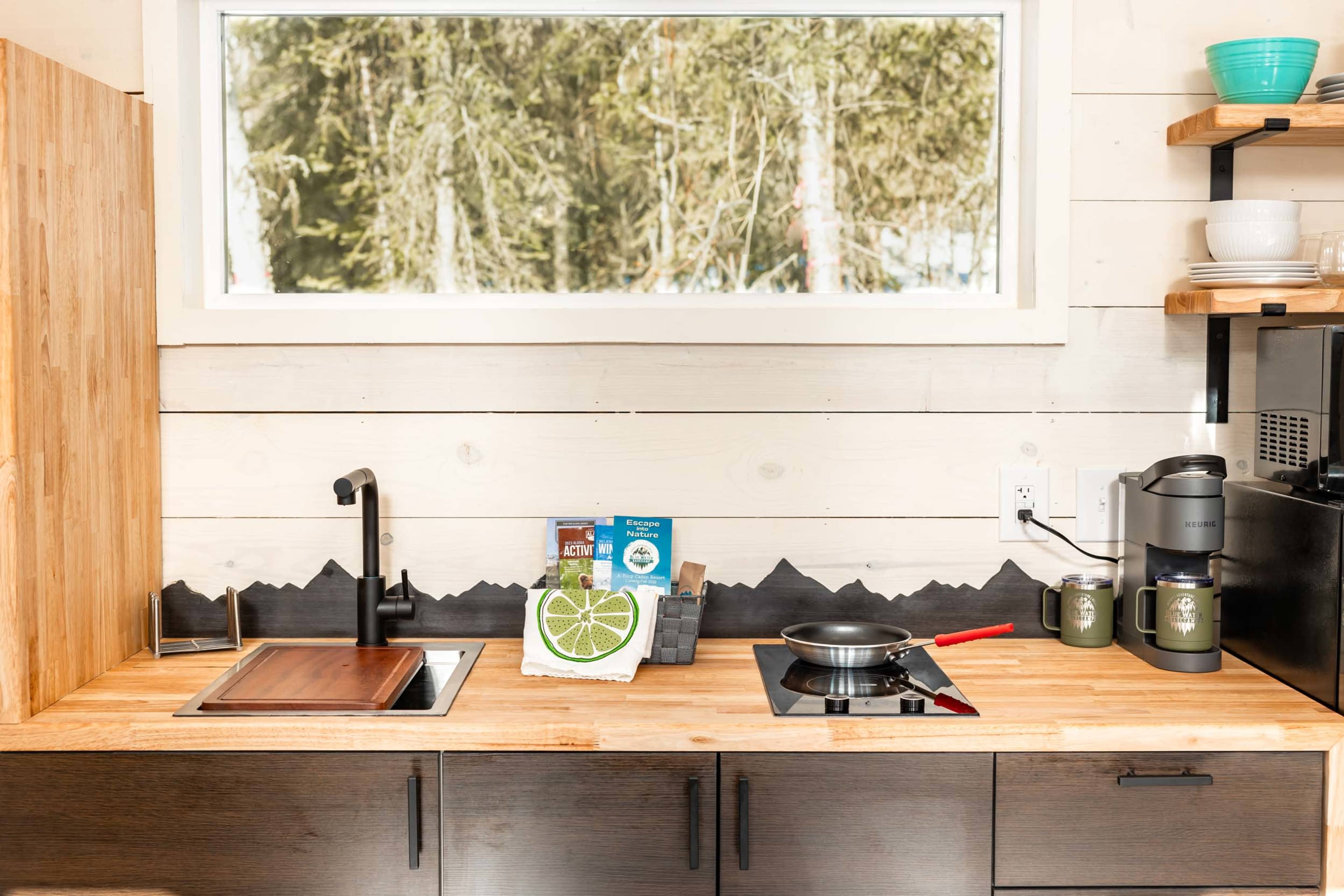The image shows a kitchen countertop with a sink, a skillet on a portable stove, and a variety of kitchen items including a boxed salad kit and coffee maker, set against a backdrop of trees visible through a window.