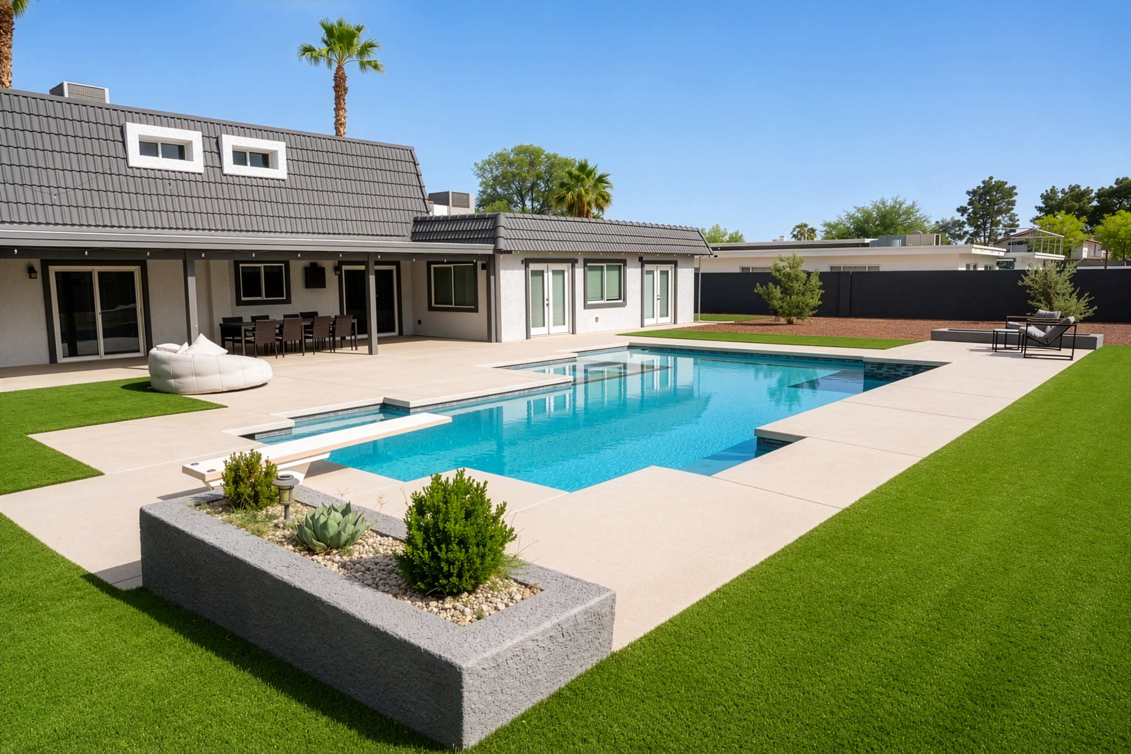 The image shows a modern backyard featuring a rectangular swimming pool surrounded by concrete and artificial grass, with a covered patio area and palm trees in the background.