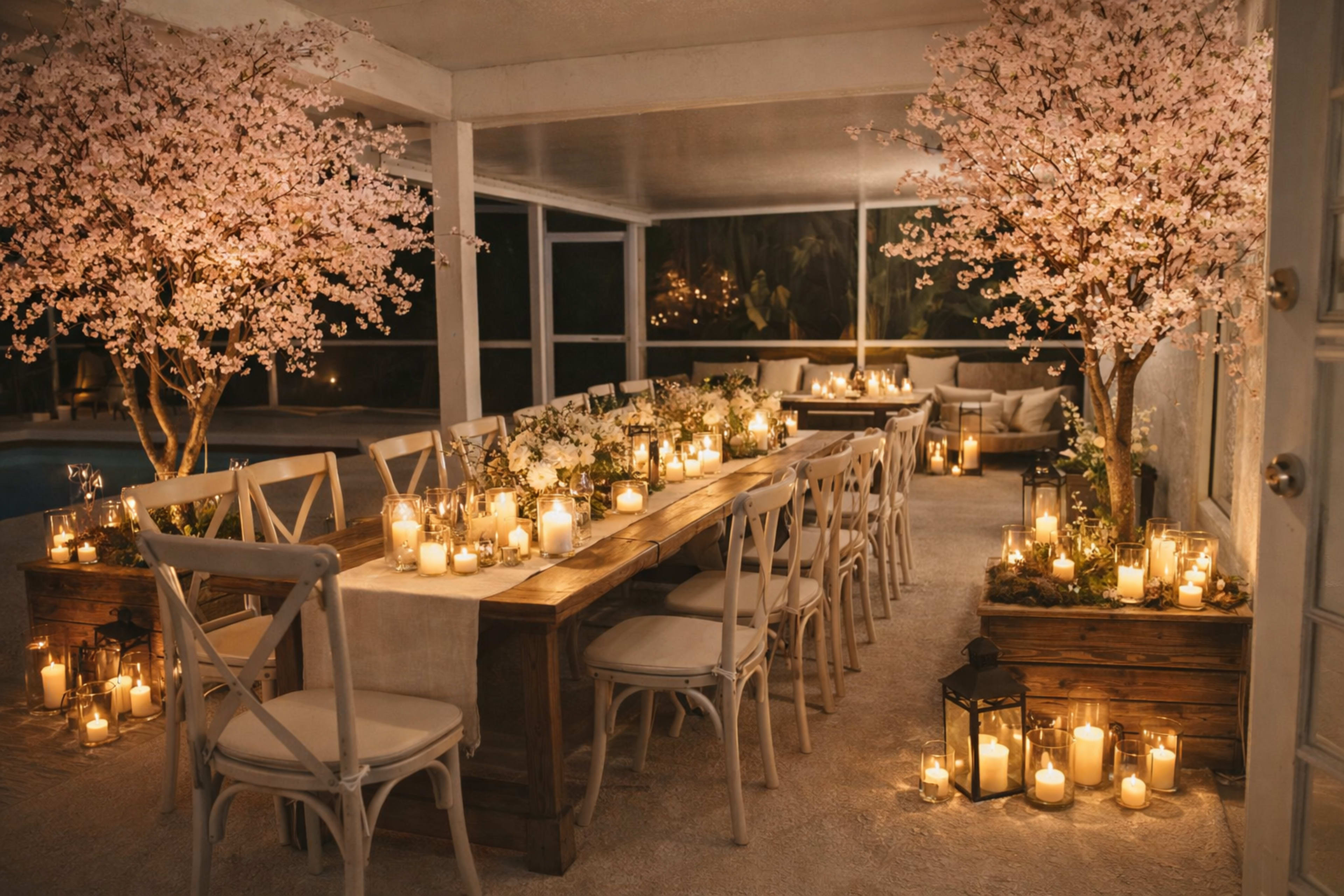 A decorated outdoor dining space features a long wooden table surrounded by chairs, illuminated by candlelight and adorned with flowers and cherry blossom trees.
