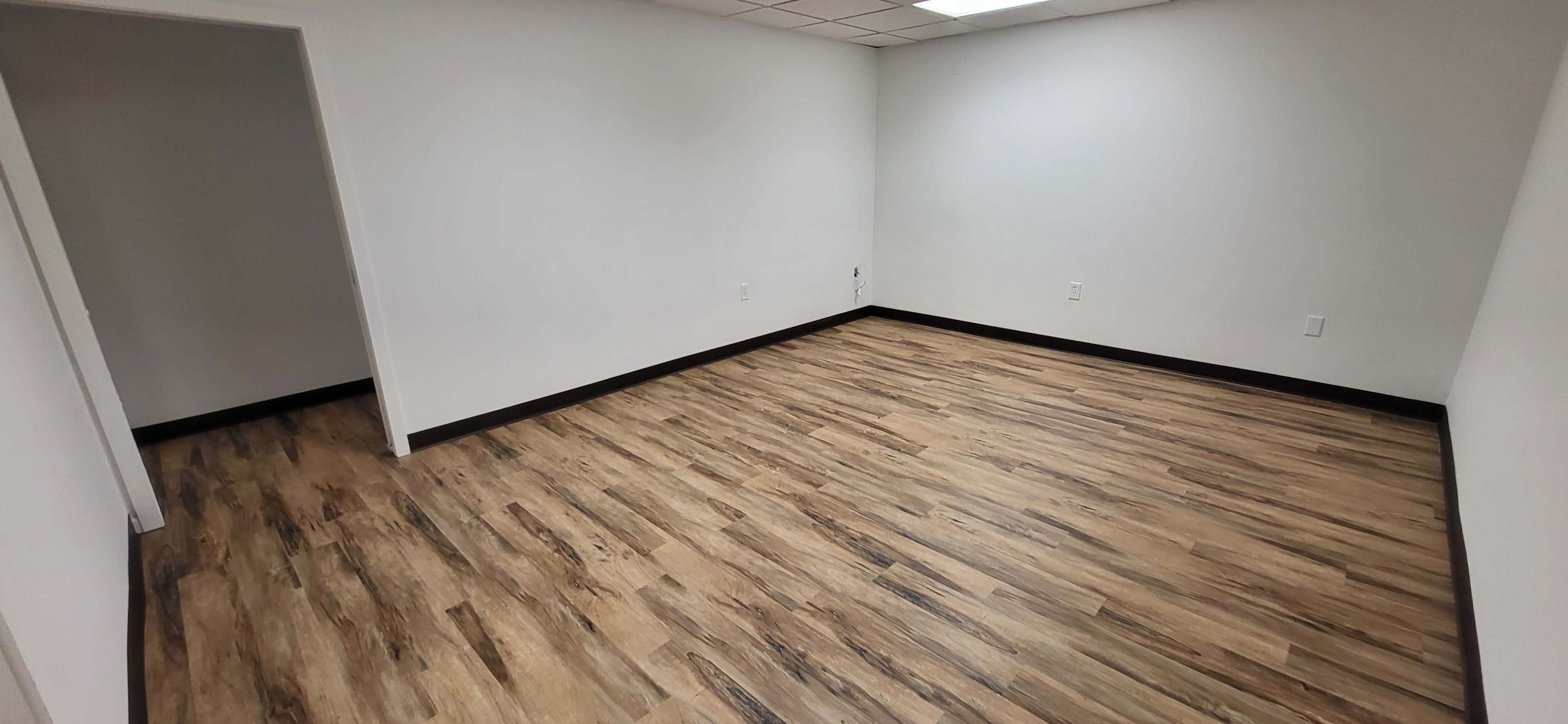 A vacant room with light-colored walls and a wooden floor.
