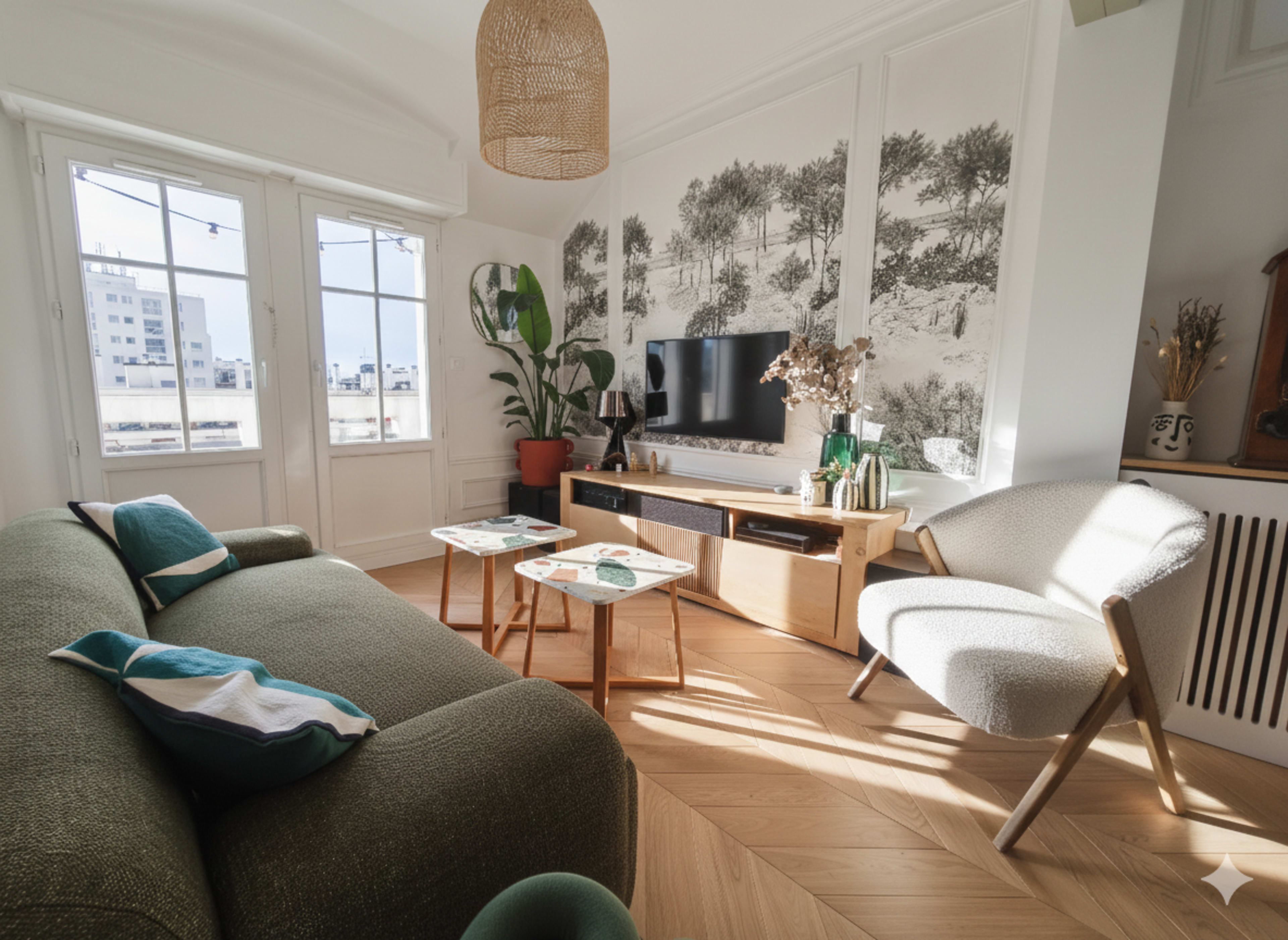 The living room features a green sofa, a wooden entertainment unit with a television, two small tables, and large windows letting in natural light.