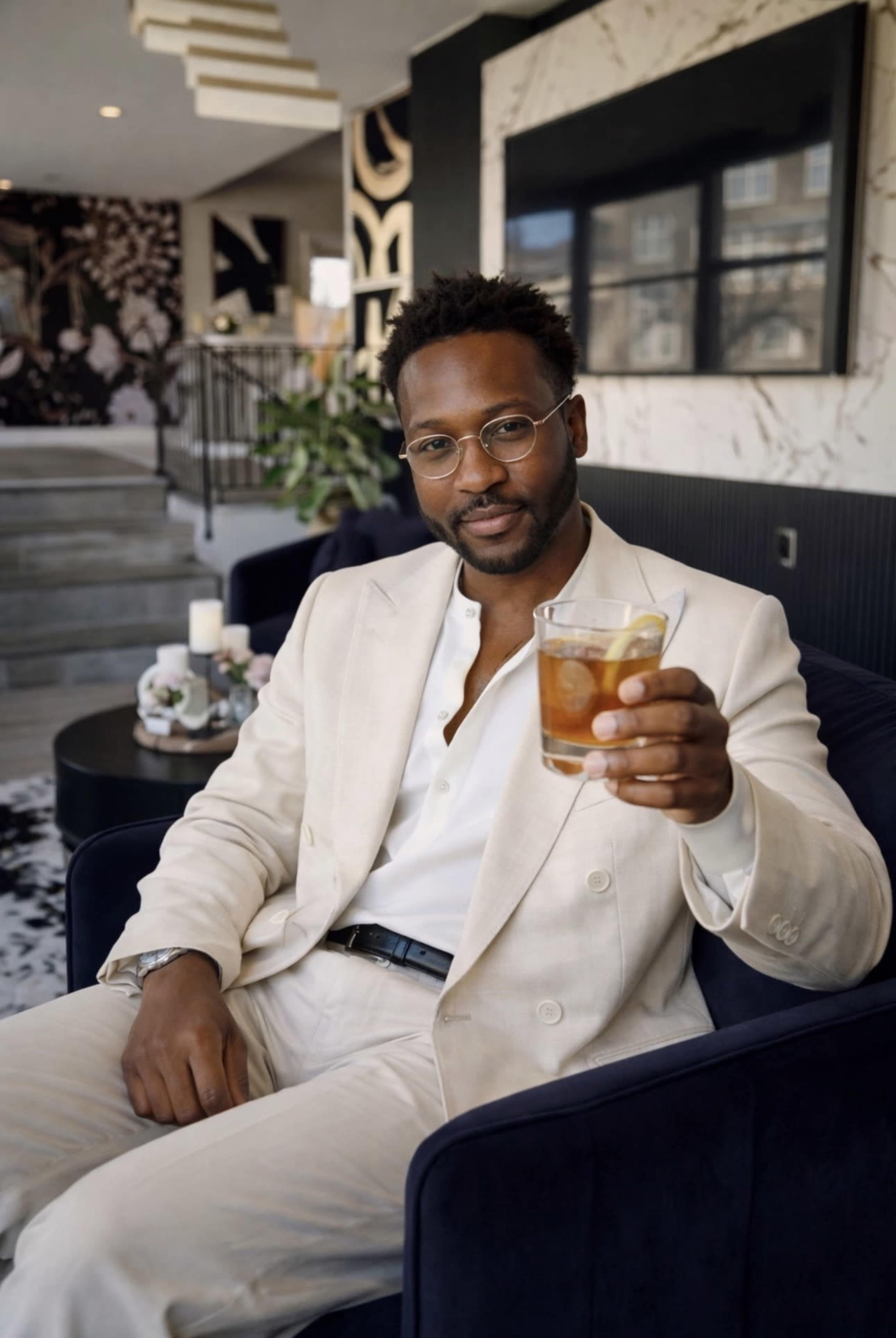 A man in a light-colored suit sits on a blue couch, holding a glass with a drink and a slice of lemon.