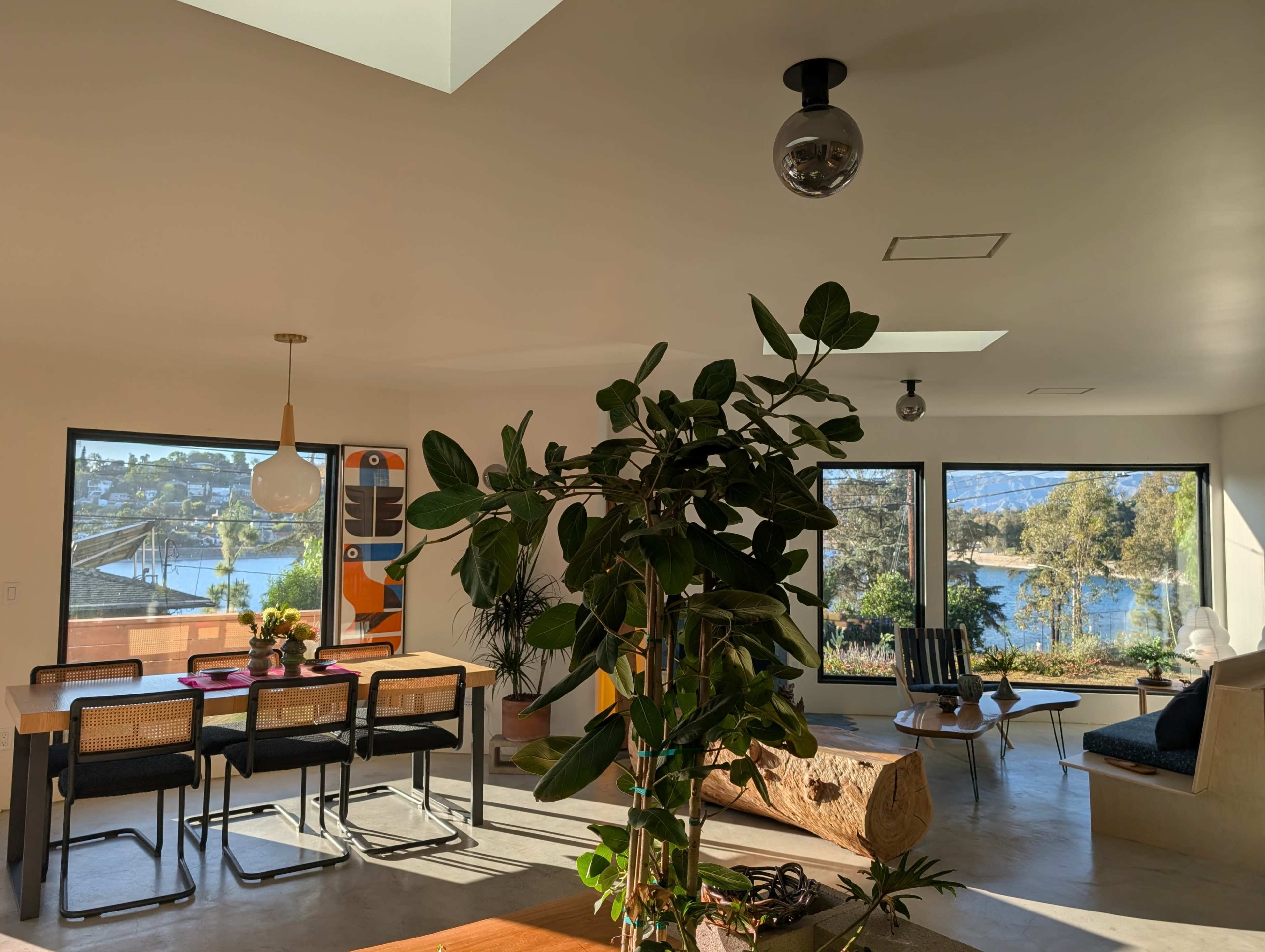 The image shows a modern interior space featuring a dining area with black chairs and a wooden table, large windows offering a view of water and trees, and a potted plant in the foreground.