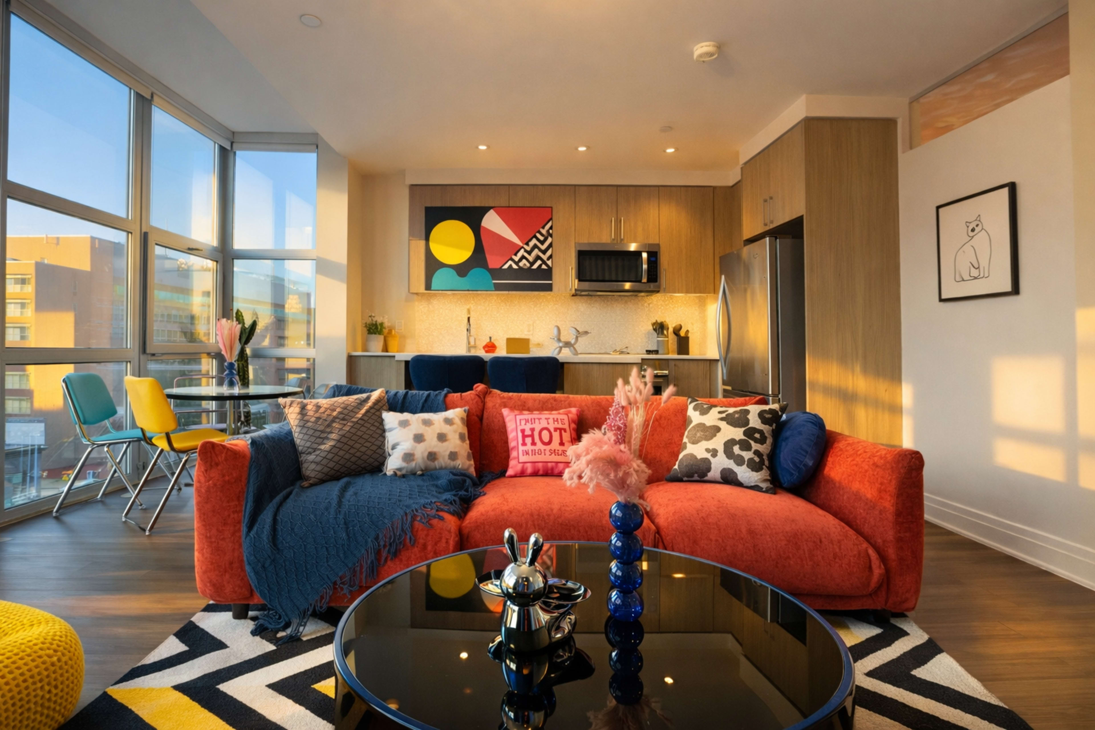 The image shows a modern living room with a colorful couch, a round black coffee table, and a kitchen area featuring stainless steel appliances and vibrant decor.