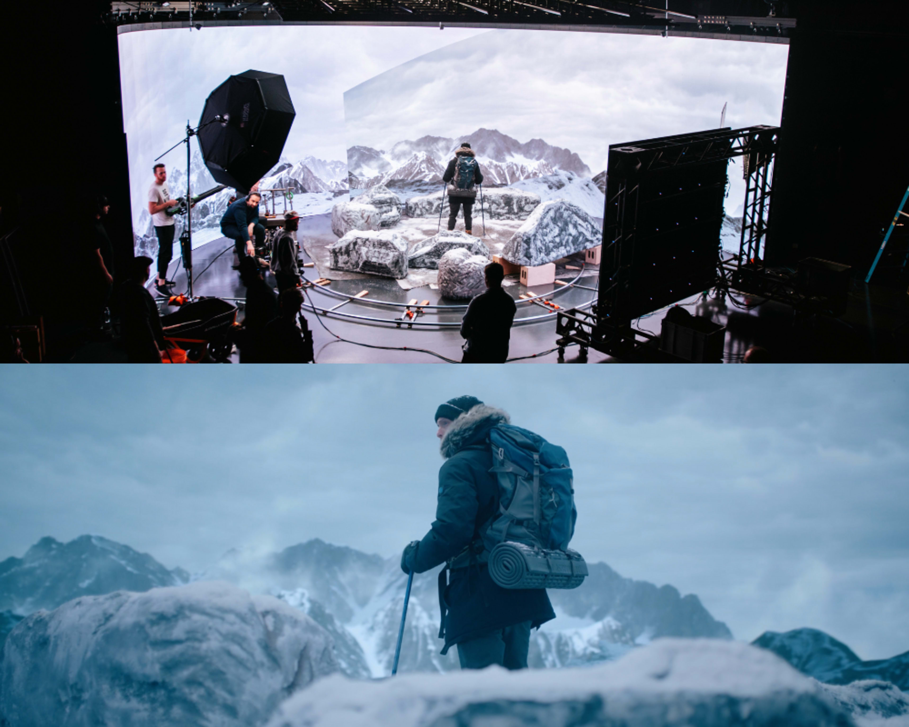 A split scene with a film set featuring a mountain backdrop and crew on top, while below it depicts a person hiking with a backpack in a rugged, mountainous landscape.