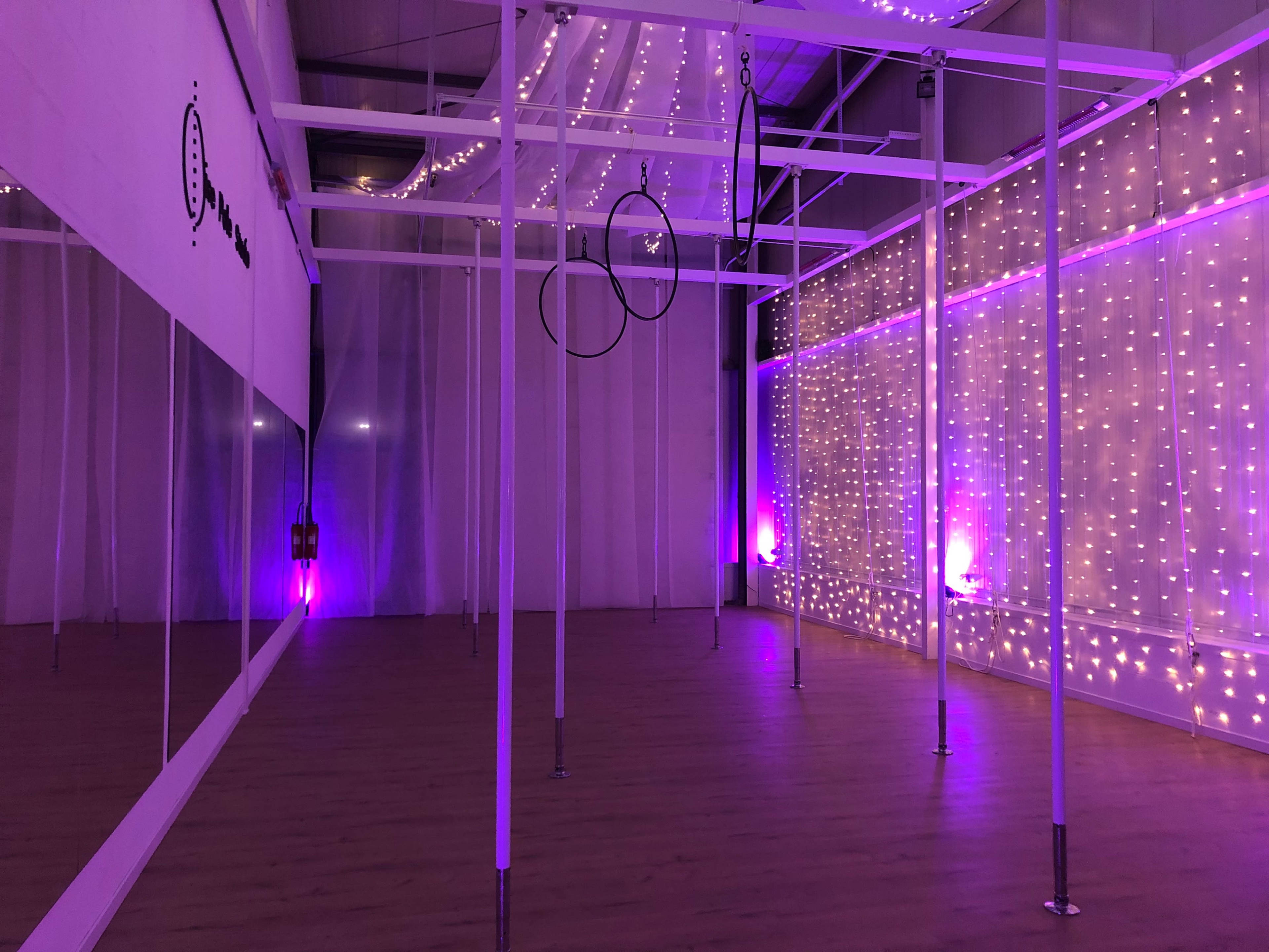 A spacious studio features metal poles and aerial rings, illuminated by purple lights and adorned with string lights on one wall.