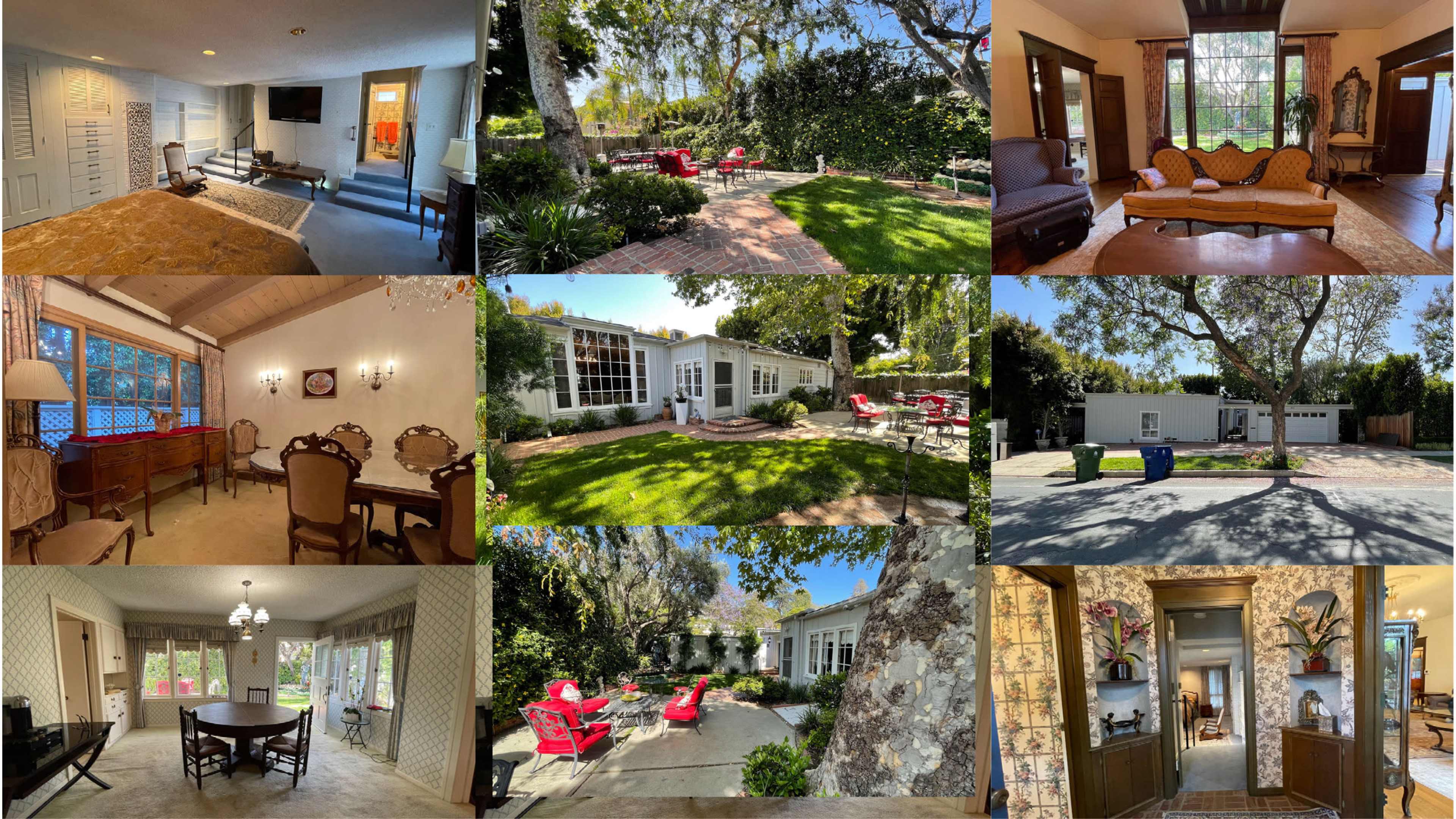 A collage of various interior and exterior views of a house, including living spaces, a dining area, a garden, and a garage.