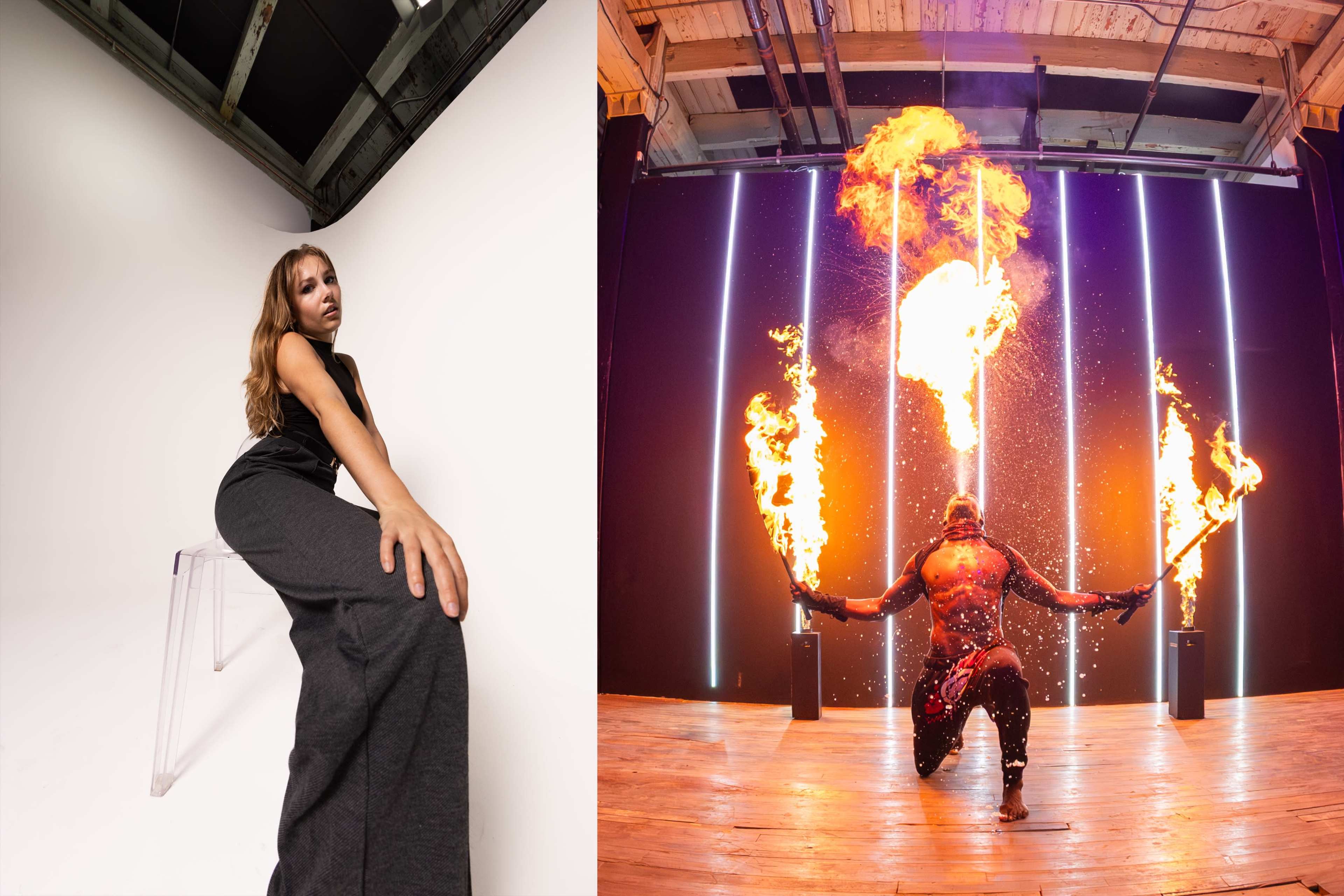 The left side of the image features a woman perched on a clear chair in a minimalist setting, while the right side displays a performer in a dynamic pose, juggling flaming torches against a dark backdrop with vertical light lines.