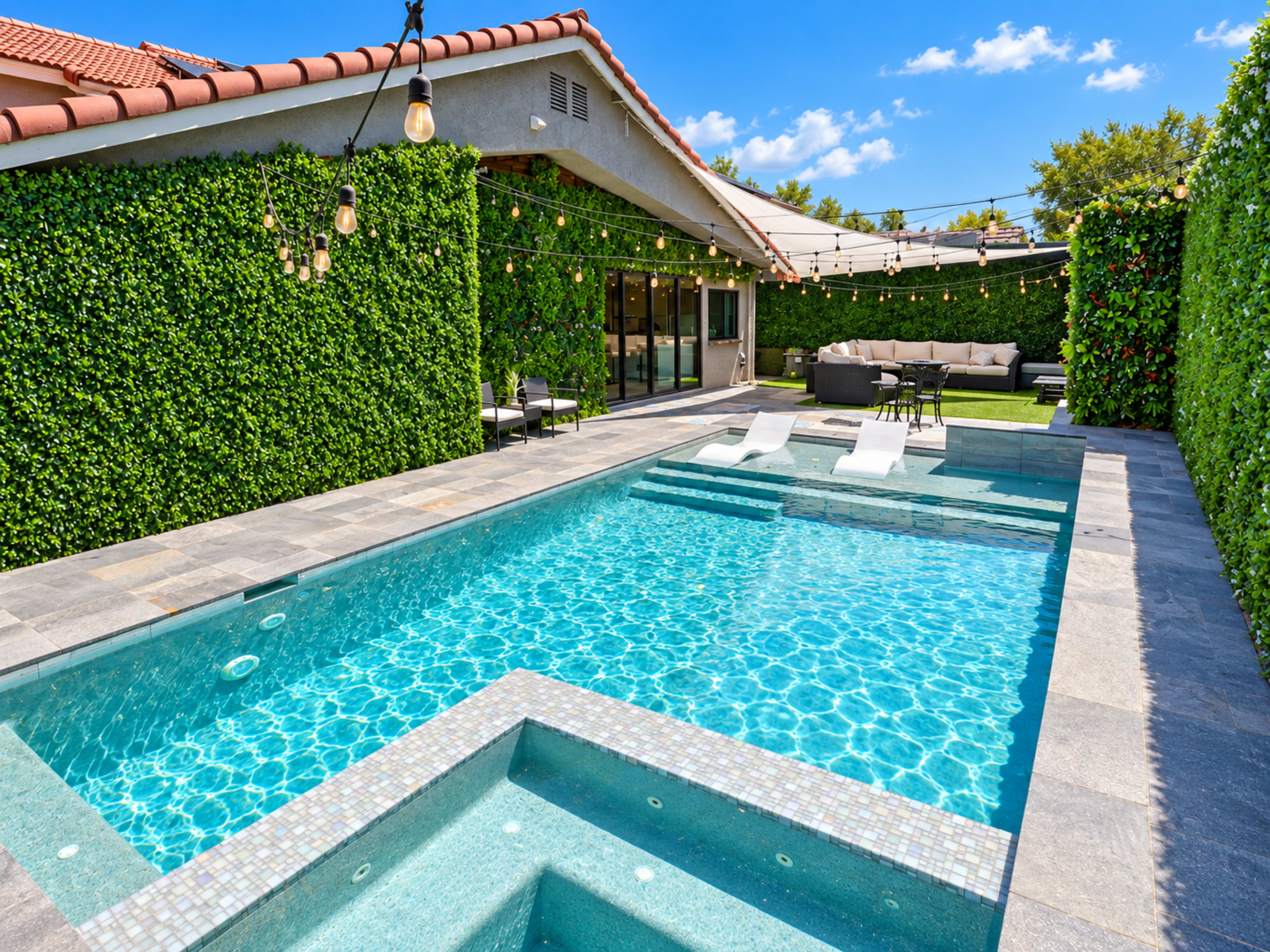 The image features a modern backyard with a swimming pool, spa, and lush green walls surrounded by patio furniture and string lights overhead.