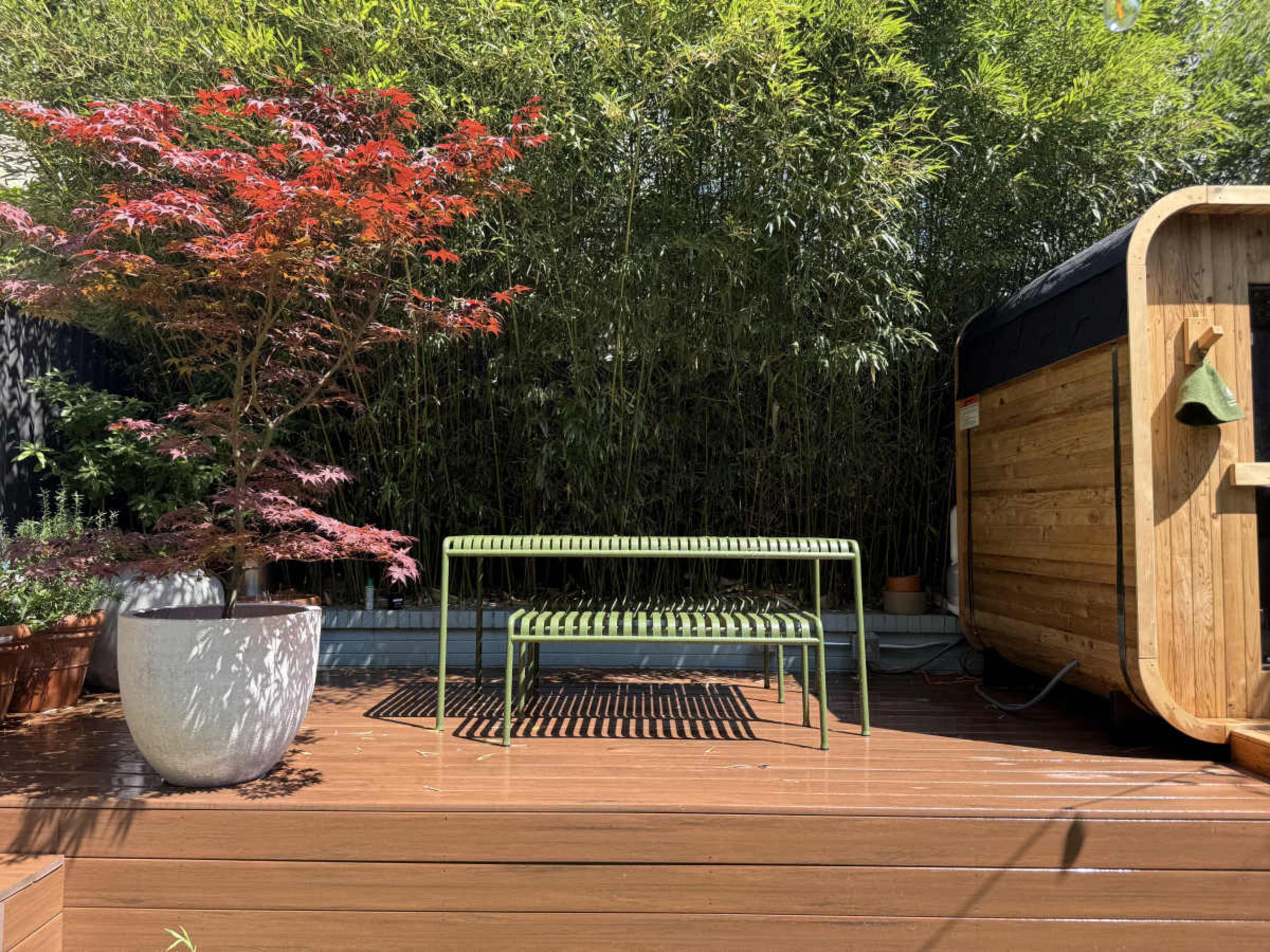 A green metal bench sits on a wooden deck next to a potted maple tree and a wooden hot tub, surrounded by tall bamboo plants.