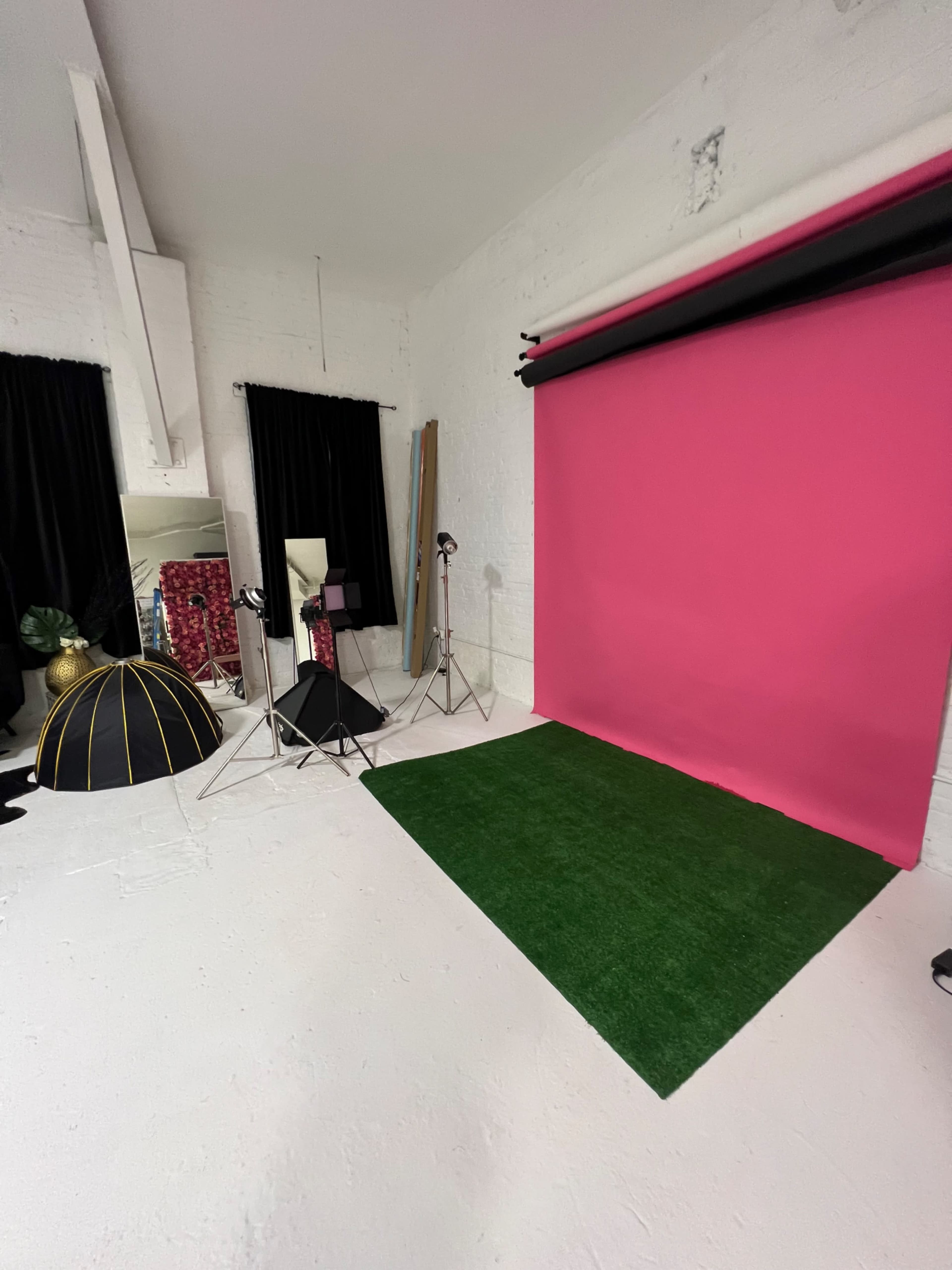 A photography studio featuring a pink backdrop, a green carpet area, and various lighting equipment.