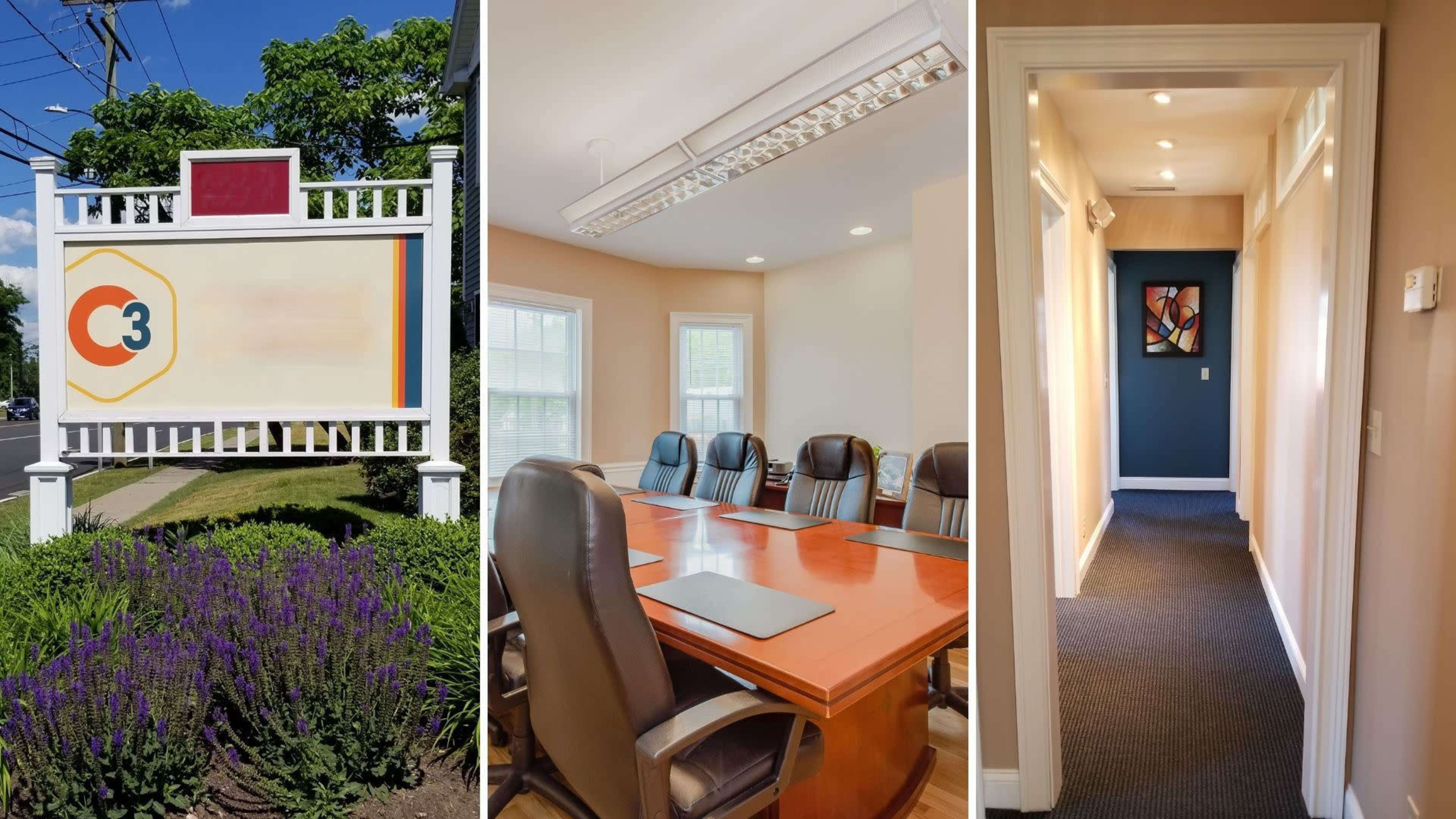The image features three panels: a sign with the text "C3" in the first panel, a conference room with a large wooden table and leather chairs in the second, and a hallway with doors on both sides in the third.