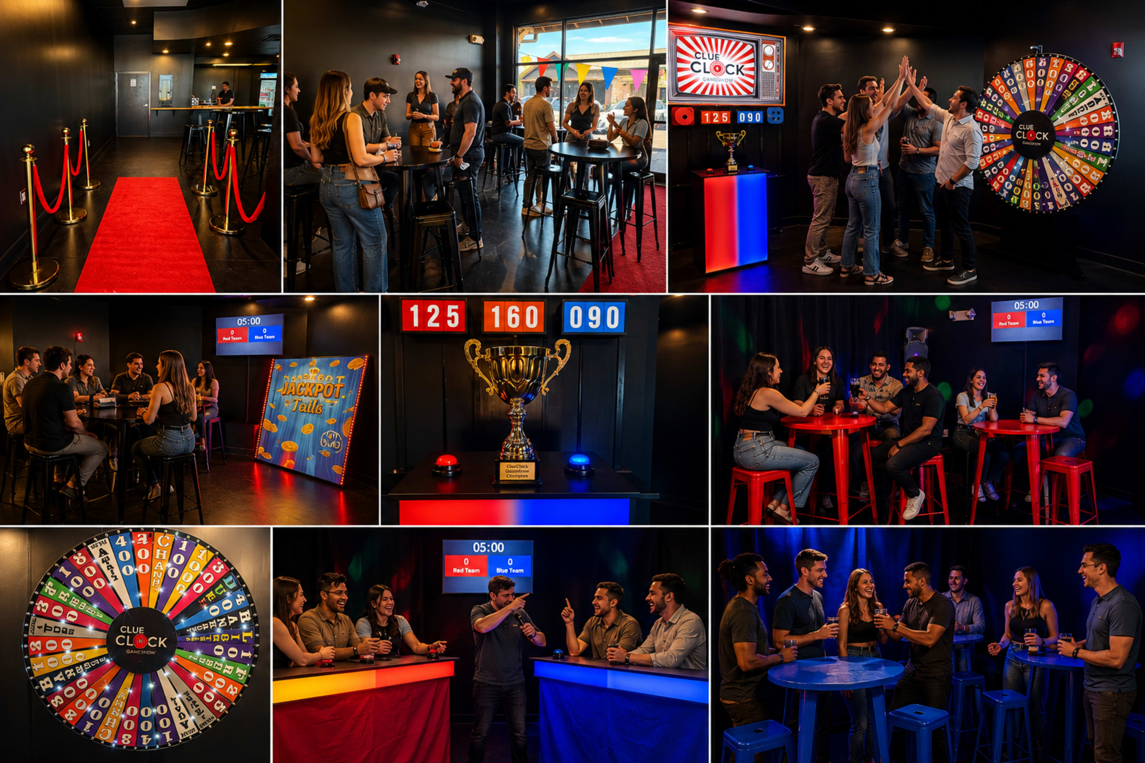 The image showcases a lively game night at a venue featuring a large spinning wheel, a trophy display, colorful tables, and groups of people engaged in various activities like playing games and socializing.