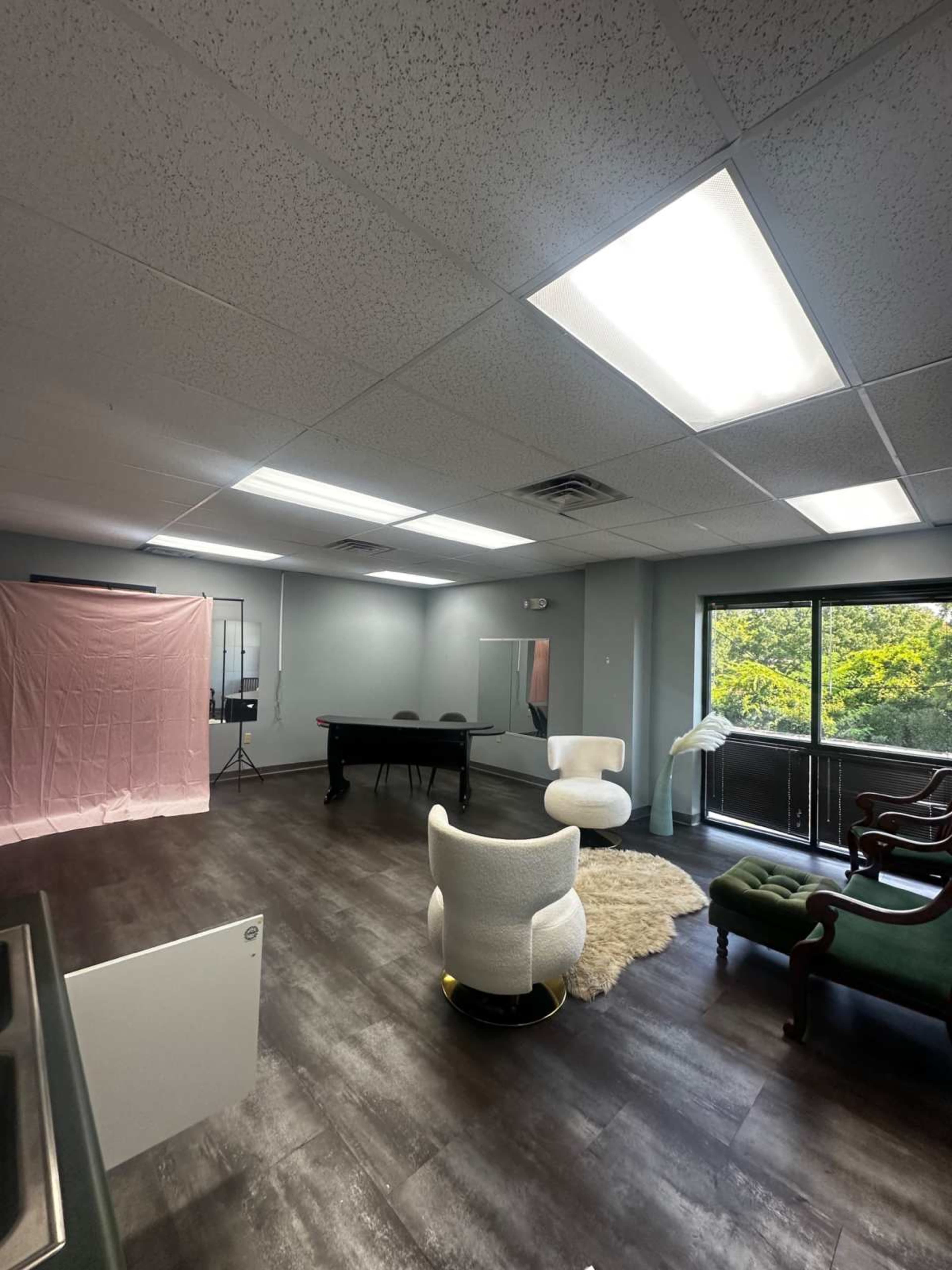 The image shows a spacious room with a pool table, a pink backdrop setup, two chairs, and a large window overlooking greenery.