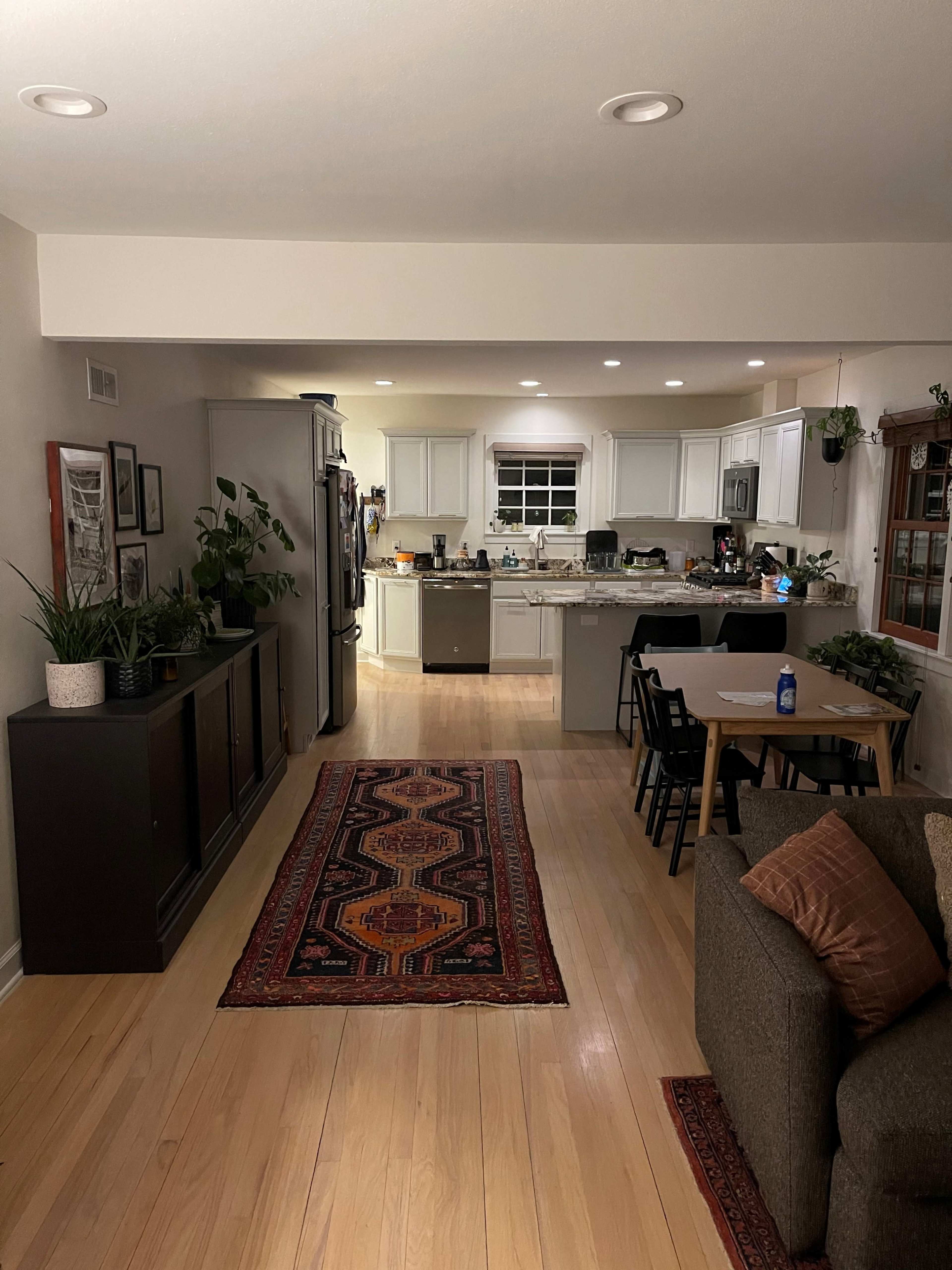 A spacious open-concept kitchen and living area, featuring a dining table, a couch, and various plants along with a patterned rug on the wooden floor.
