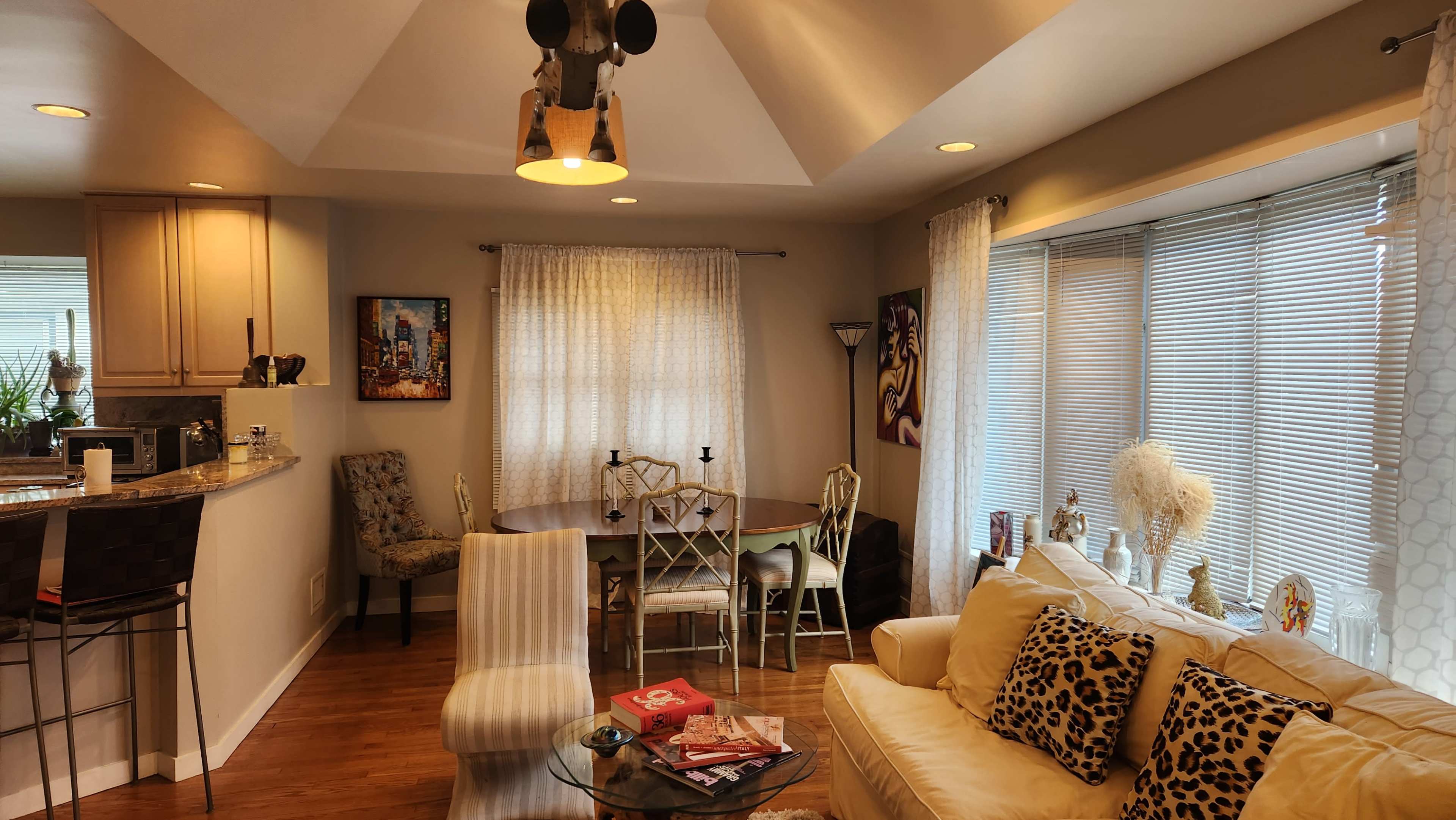 A living room features a couch with animal print cushions, a glass coffee table, and a dining area with a round table and chairs, illuminated by pendant lighting.